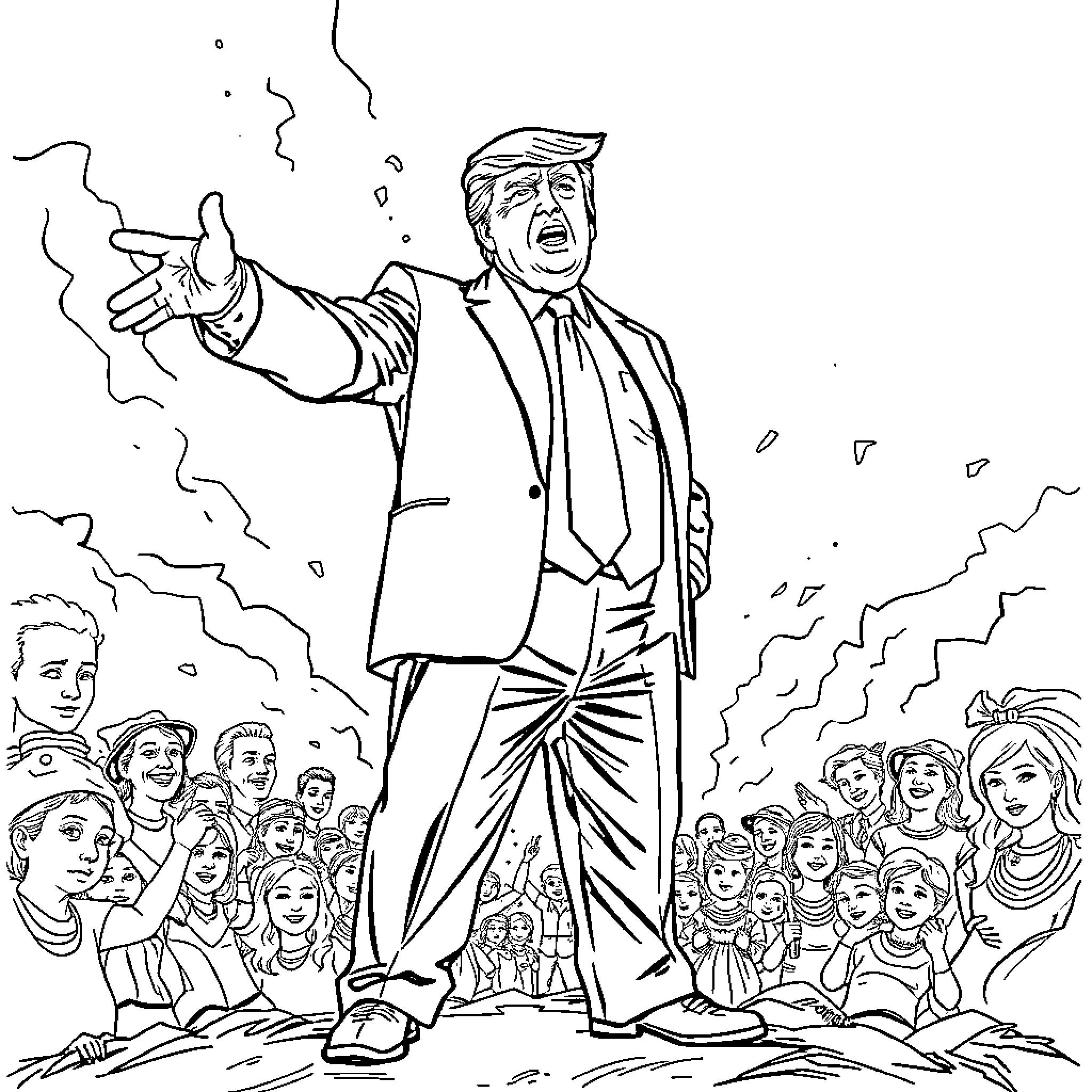 Donald Trump Addressing a Crowd Coloring Page (free black-and-white line drawing printable PDF for all, from beginners to advanced learners, including children, teens, adults, and seniors)