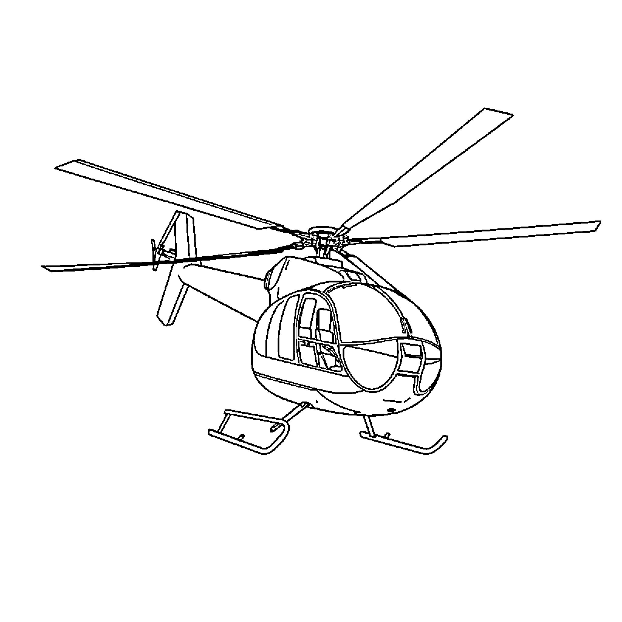 Helicopter flying with open door Coloring Page (free black-and-white line drawing printable PDF for all, from beginners to advanced learners, including children, teens, adults, and seniors)