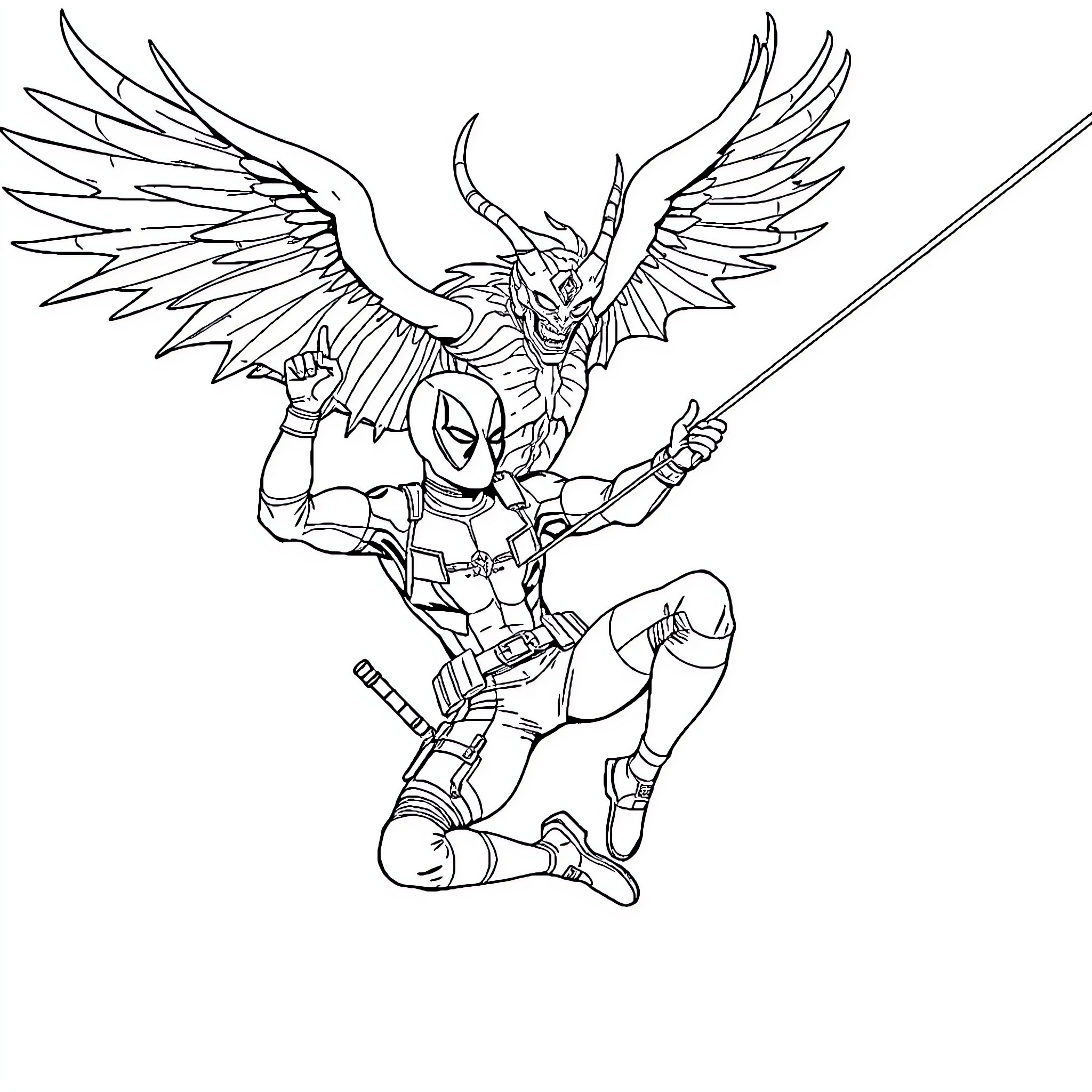 Deadpool taking flight with winged battle pose Coloring Page (free black-and-white line drawing printable PDF for all, from beginners to advanced learners, including children, teens, adults, and seniors)