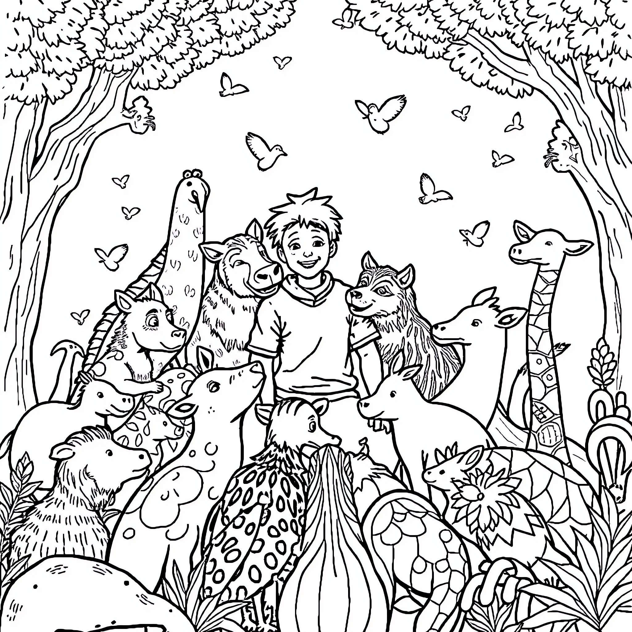 Animal Adventure in a Magical Forest Coloring Page (free black-and-white line drawing printable PDF for all, from beginners to advanced learners, including children, teens, adults, and seniors)