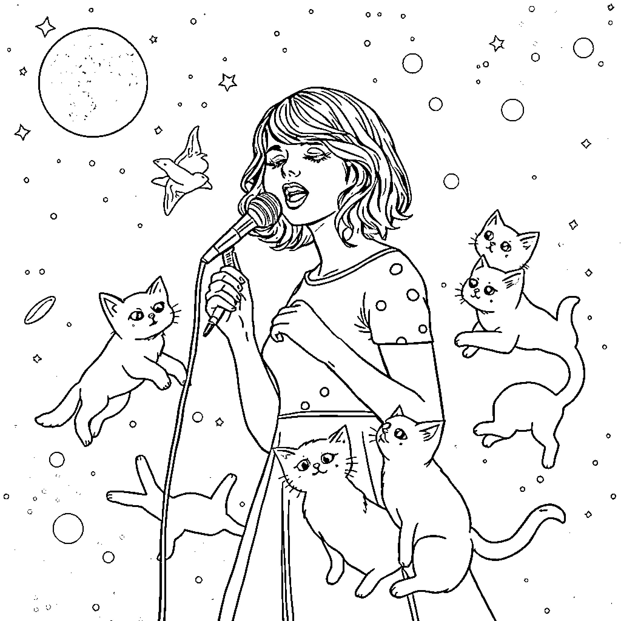 Taylor Swift singing with cute cats under the stars Coloring Page (free black-and-white line drawing printable PDF for all, from beginners to advanced learners, including children, teens, adults, and seniors)