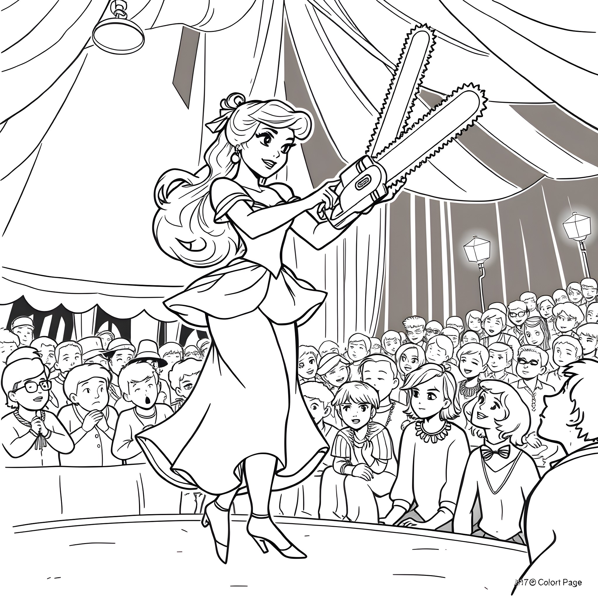 Belle Performing on the Stage with Audience Coloring Page (free black-and-white line drawing printable PDF for all, from beginners to advanced learners, including children, teens, adults, and seniors)