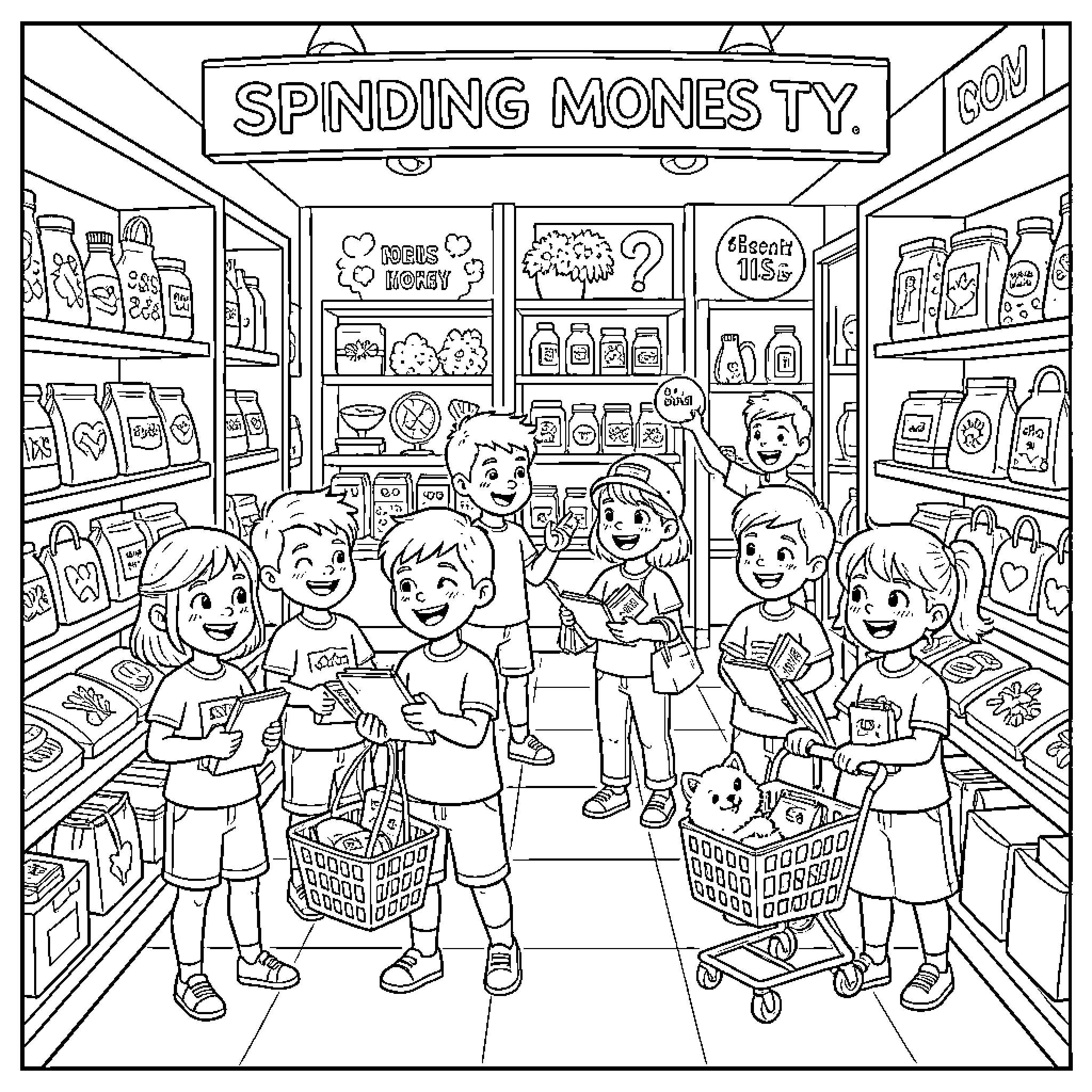 Kid's shopping adventure at the grocery store Coloring Page (free black-and-white line drawing printable PDF for all, from beginners to advanced learners, including children, teens, adults, and seniors)