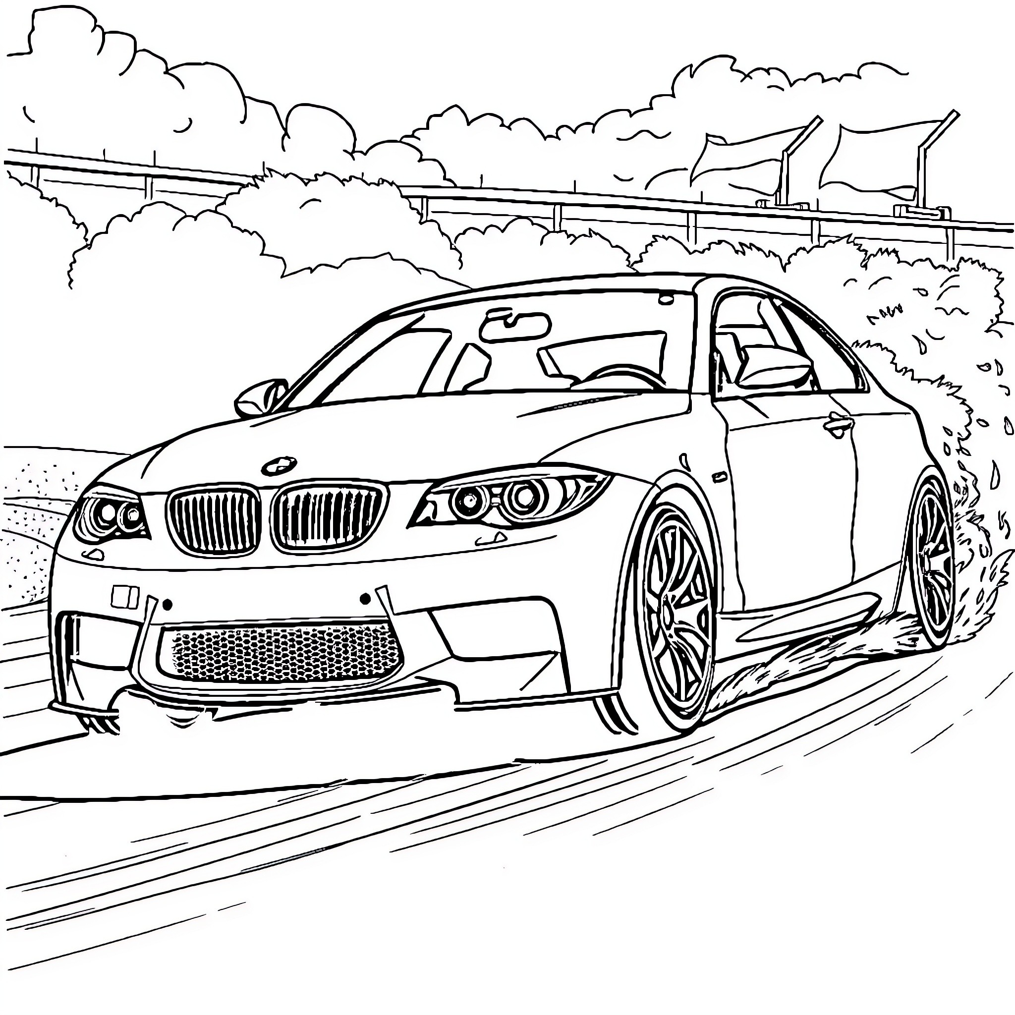 BMW sports car speeding on the road Coloring Page (free black-and-white line drawing printable PDF for all, from beginners to advanced learners, including children, teens, adults, and seniors)