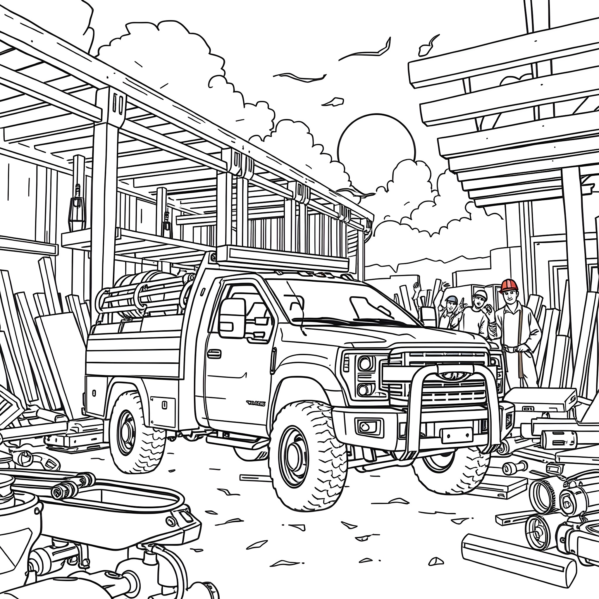 Pickup Truck at Construction Site with Workers Coloring Page (free black-and-white line drawing printable PDF for all, from beginners to advanced learners, including children, teens, adults, and seniors)