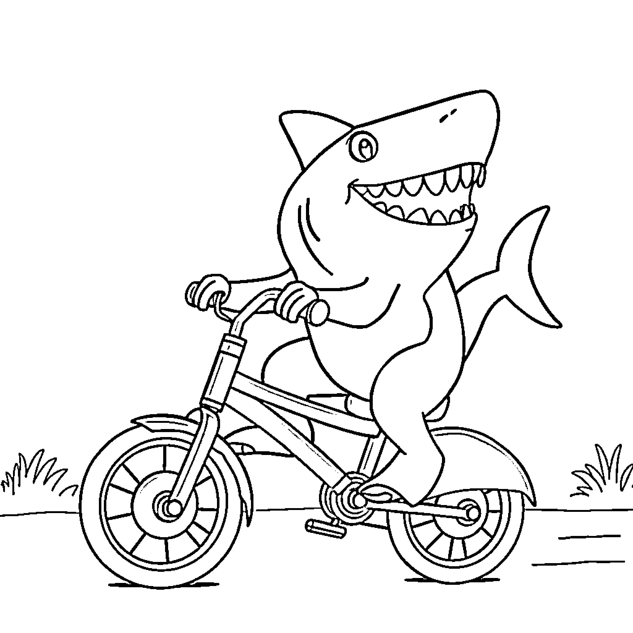Shark riding a bicycle happily Coloring Page (free black-and-white line drawing printable PDF for all, from beginners to advanced learners, including children, teens, adults, and seniors)