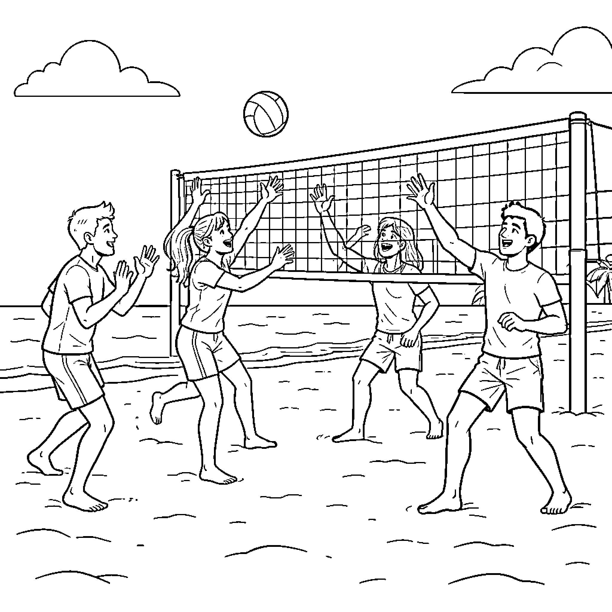 Adolescent friends playing a game of beach volleyball Coloring Page (free black-and-white line drawing printable PDF for all, from beginners to advanced learners, including children, teens, adults, and seniors)