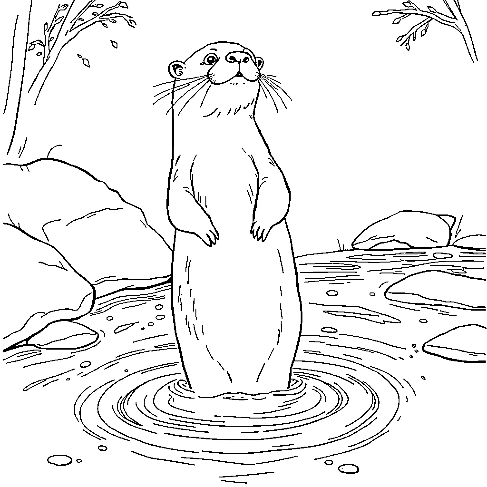 Otter sitting in water on a rocky shore Coloring Page (free black-and-white line drawing printable PDF for all, from beginners to advanced learners, including children, teens, adults, and seniors)