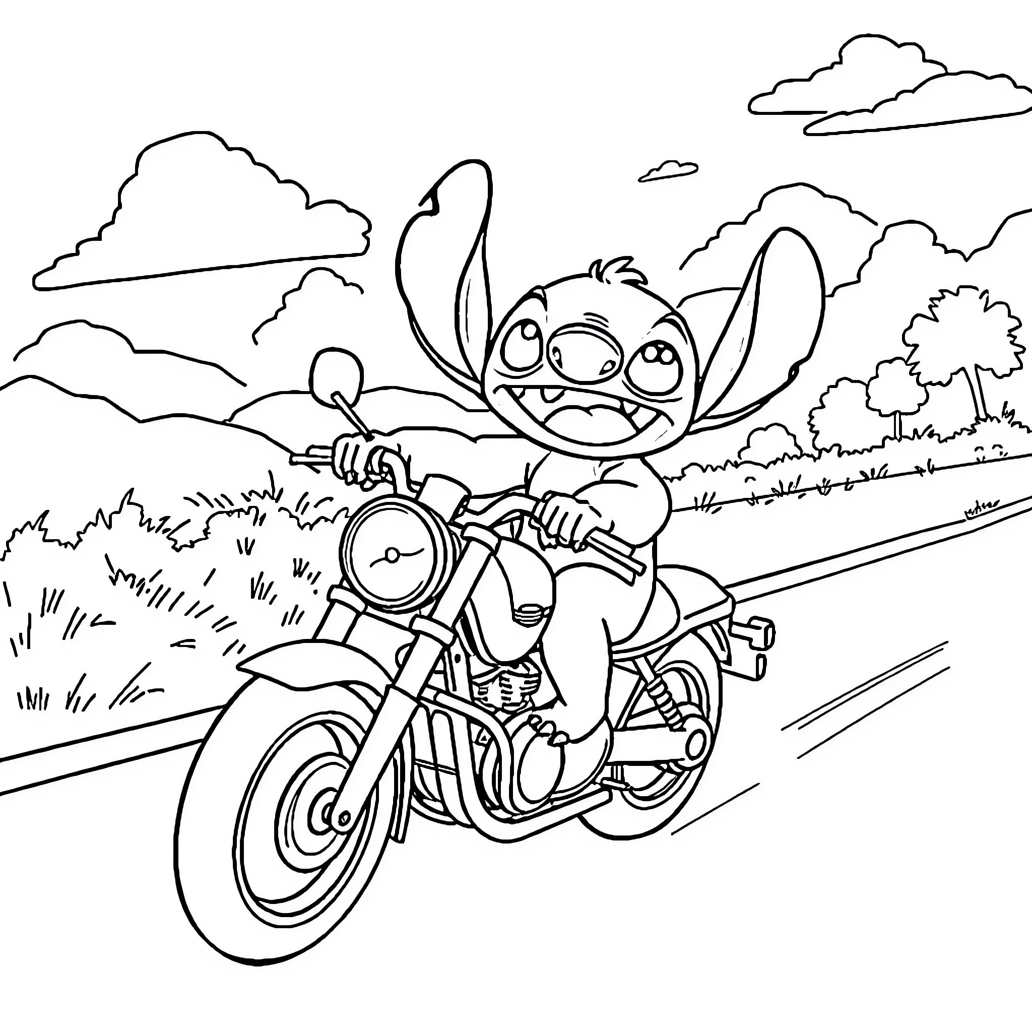 Stitch riding a motorcycle through the countryside Coloring Page (free black-and-white line drawing printable PDF for all, from beginners to advanced learners, including children, teens, adults, and seniors)