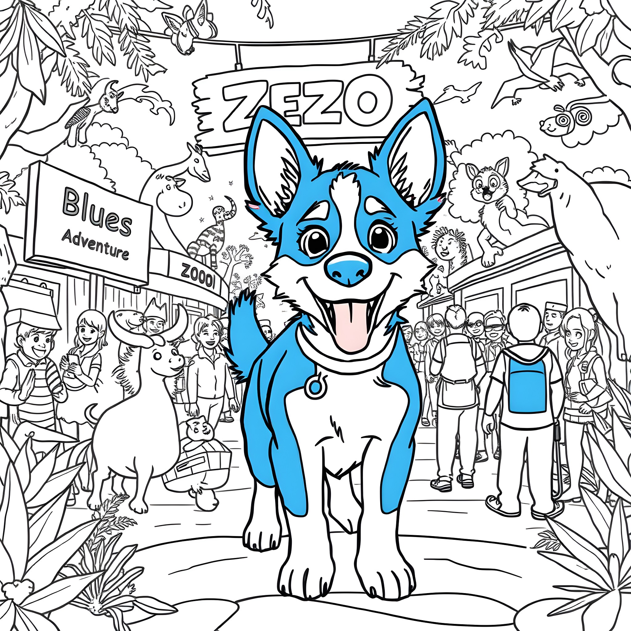 Bluey's Adventure at the Zoo Coloring Page (free black-and-white line drawing printable PDF for all, from beginners to advanced learners, including children, teens, adults, and seniors)
