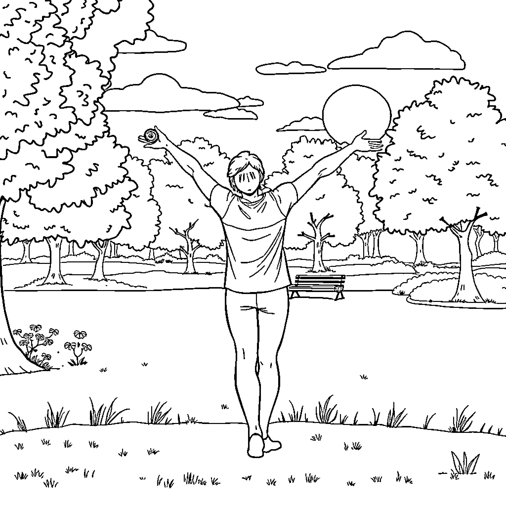 Stretch into nature's embrace Coloring Page (free black-and-white line drawing printable PDF for all, from beginners to advanced learners, including children, teens, adults, and seniors)