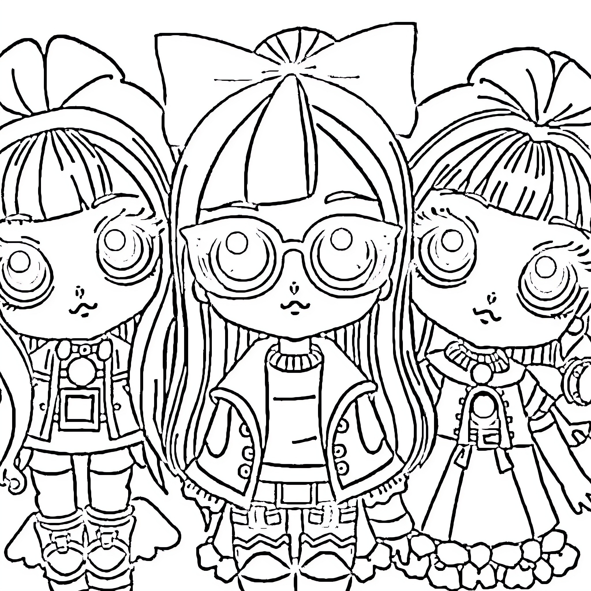 Anime Doll Friends in Whimsical Outfits Coloring Page (free black-and-white line drawing printable PDF for all, from beginners to advanced learners, including children, teens, adults, and seniors)