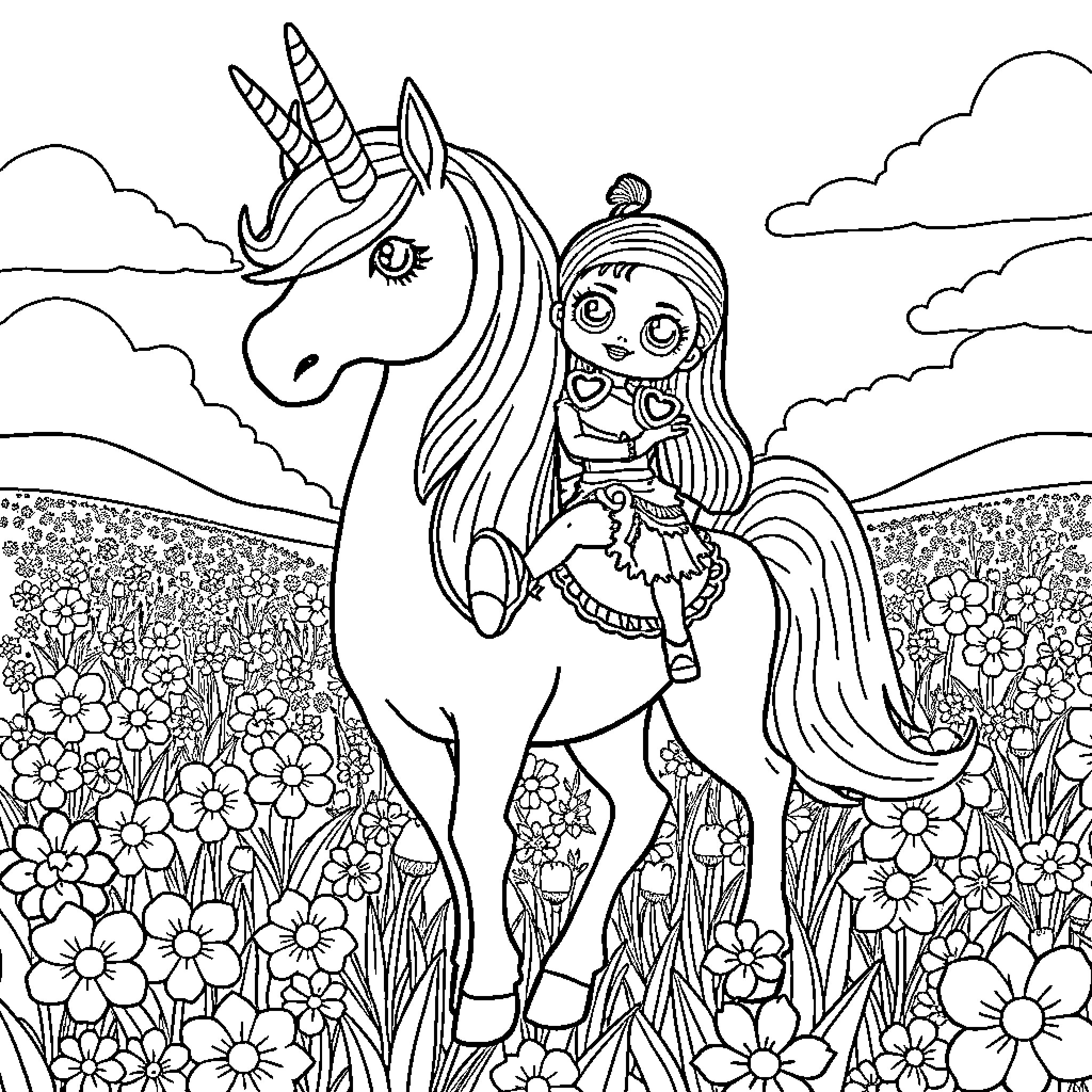 Unicorn and Girl in Flower Field Coloring Page (free black-and-white line drawing printable PDF for all, from beginners to advanced learners, including children, teens, adults, and seniors)
