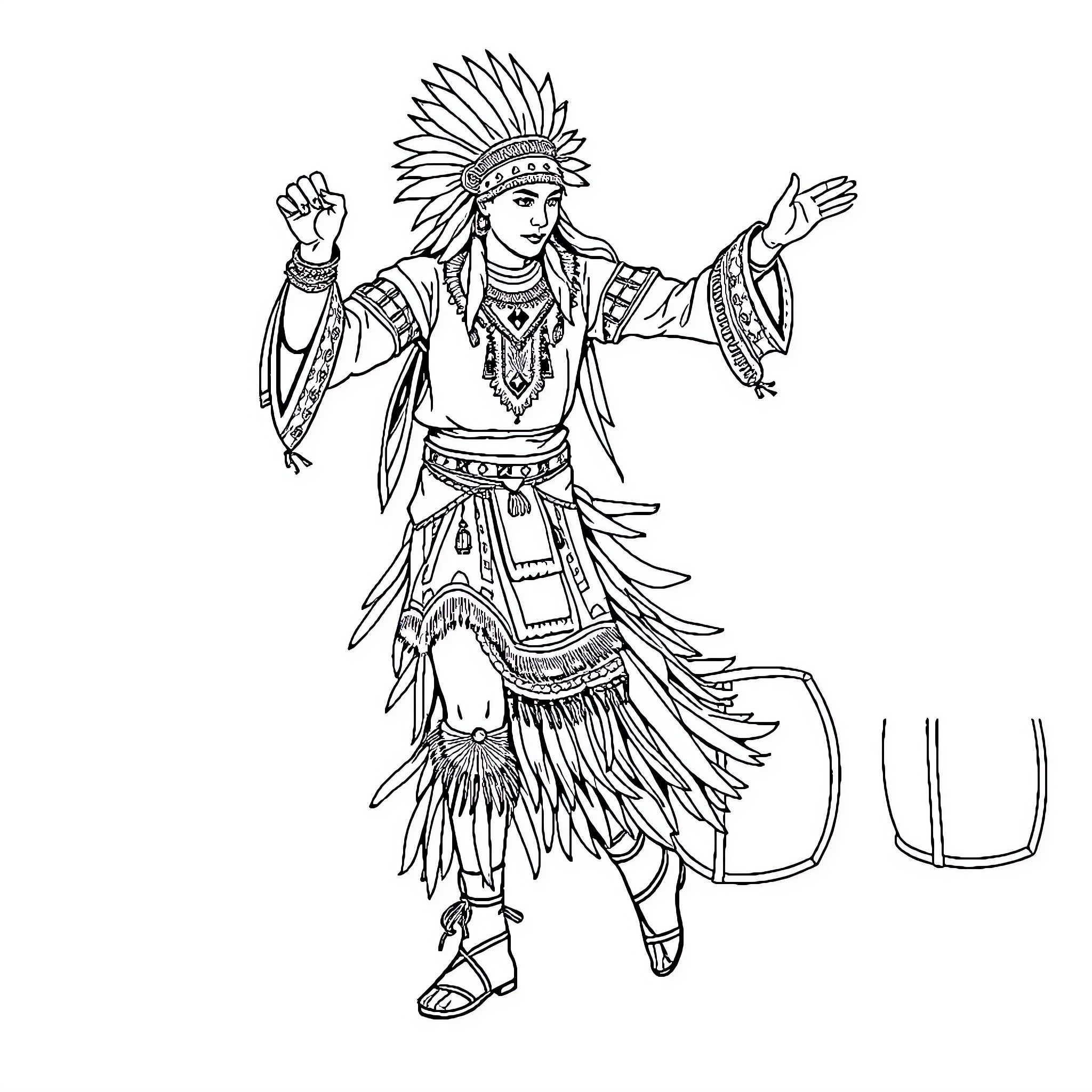 Dancer in traditional Native American attire Coloring Page (free black-and-white line drawing printable PDF for all, from beginners to advanced learners, including children, teens, adults, and seniors)