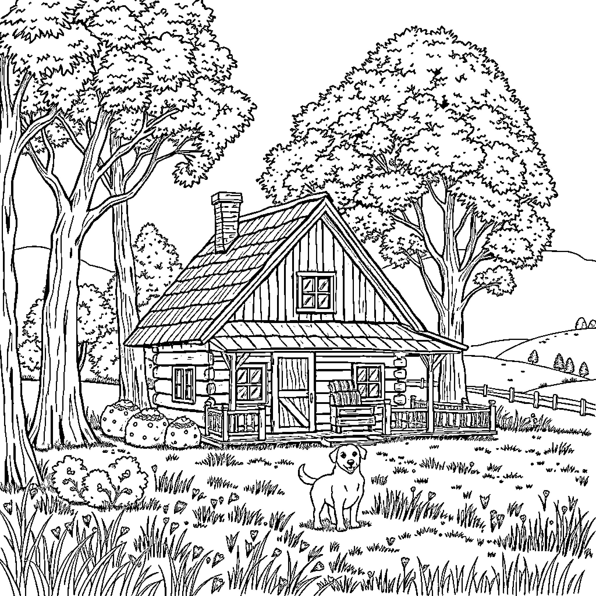 Dog exploring a cozy cabin in the woods Coloring Page (free black-and-white line drawing printable PDF for all, from beginners to advanced learners, including children, teens, adults, and seniors)