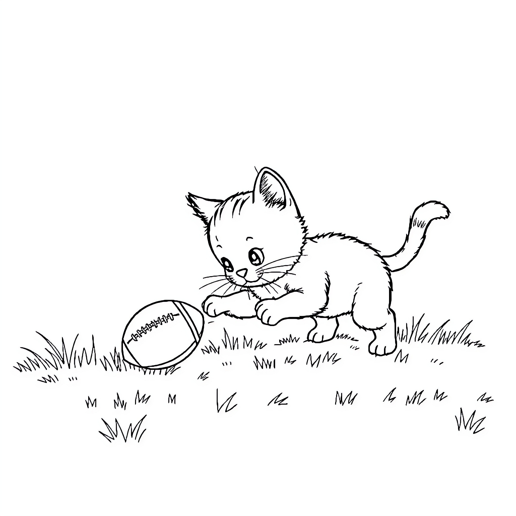Cat playing with a ball in the grass Coloring Page (free black-and-white line drawing printable PDF for all, from beginners to advanced learners, including children, teens, adults, and seniors)