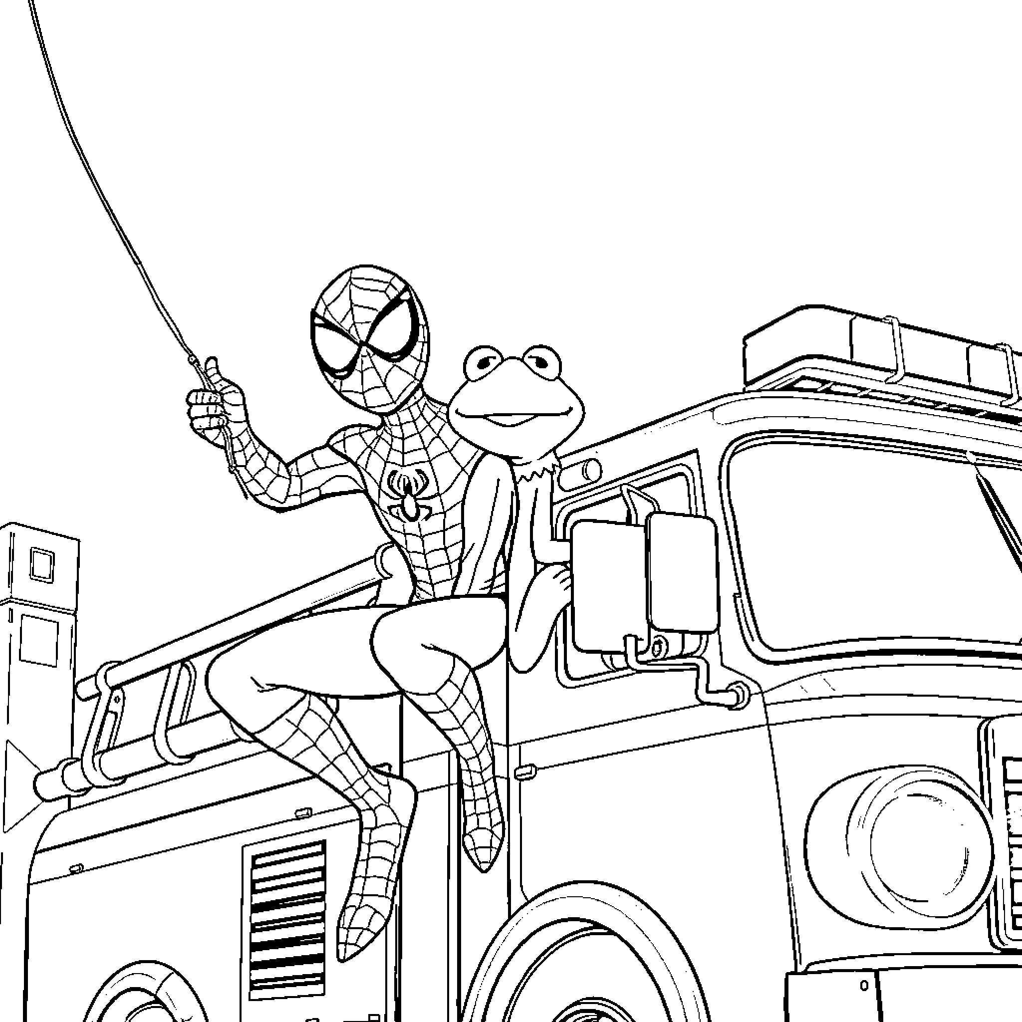 Spiderman helping his friend the frog on a fire truck Coloring Page (free black-and-white line drawing printable PDF for all, from beginners to advanced learners, including children, teens, adults, and seniors)
