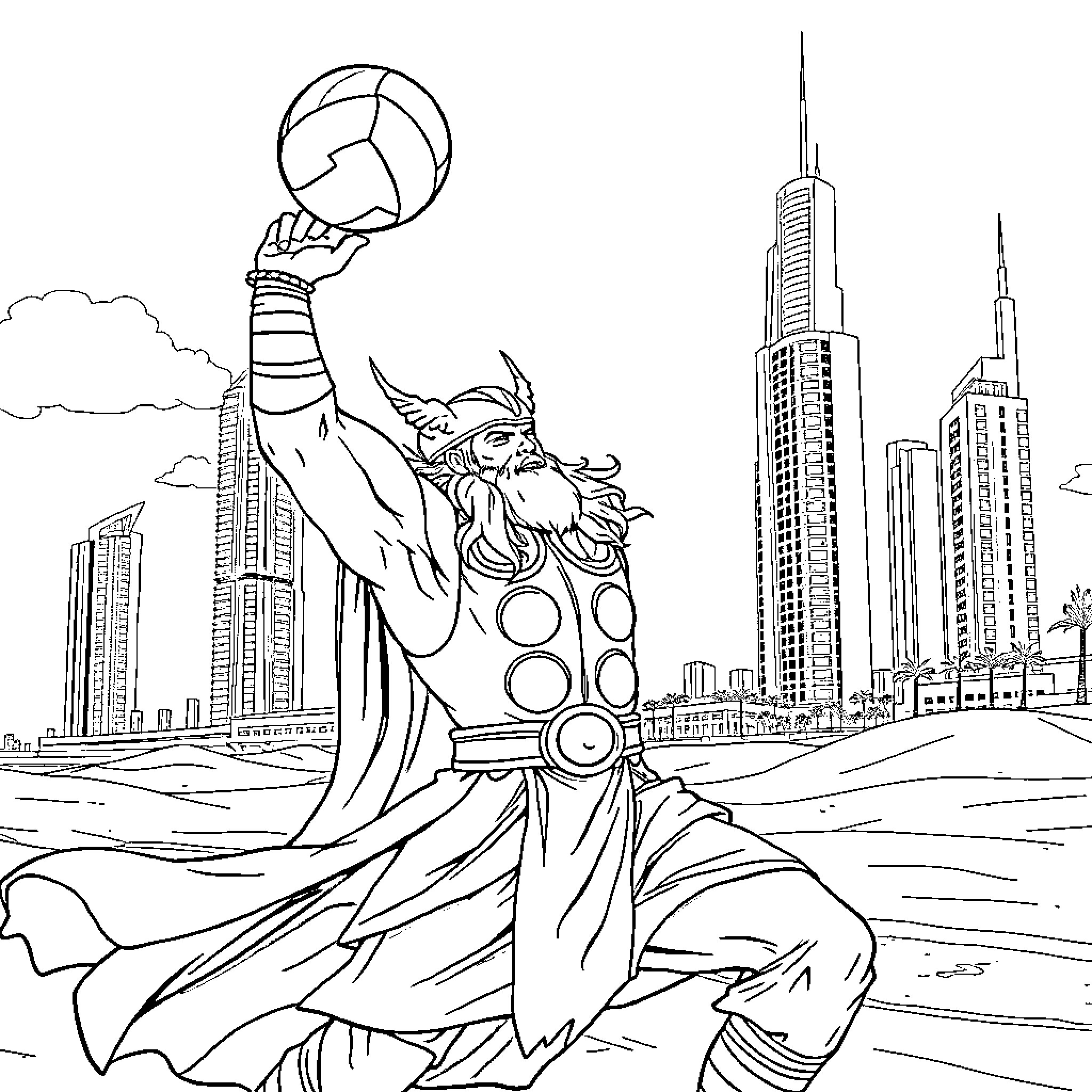 Thor Triumphantly Holding Volleyball in City Skyline Coloring Page (free black-and-white line drawing printable PDF for all, from beginners to advanced learners, including children, teens, adults, and seniors)