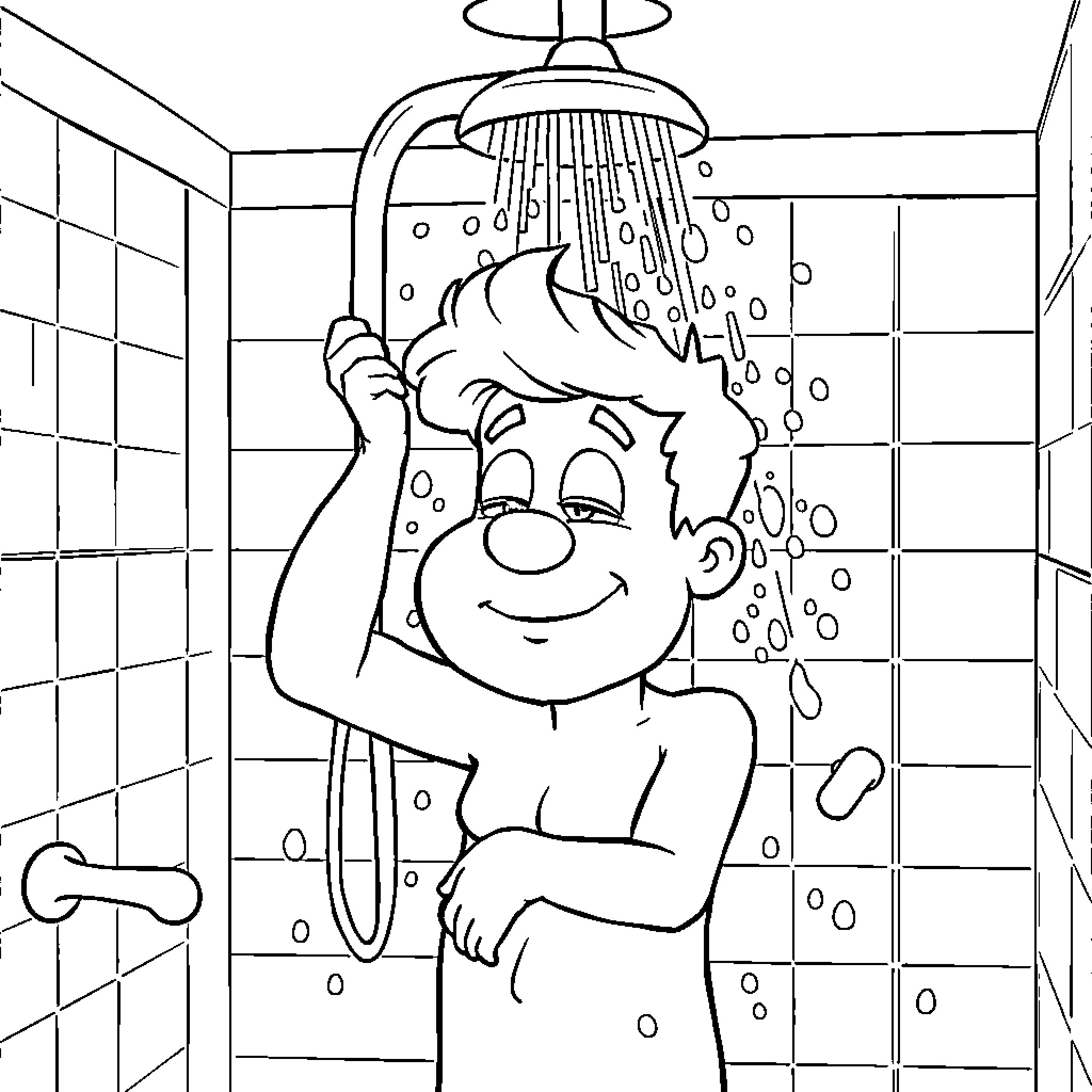 Louis Enjoying a Refreshing Shower Coloring Page (free black-and-white line drawing printable PDF for all, from beginners to advanced learners, including children, teens, adults, and seniors)