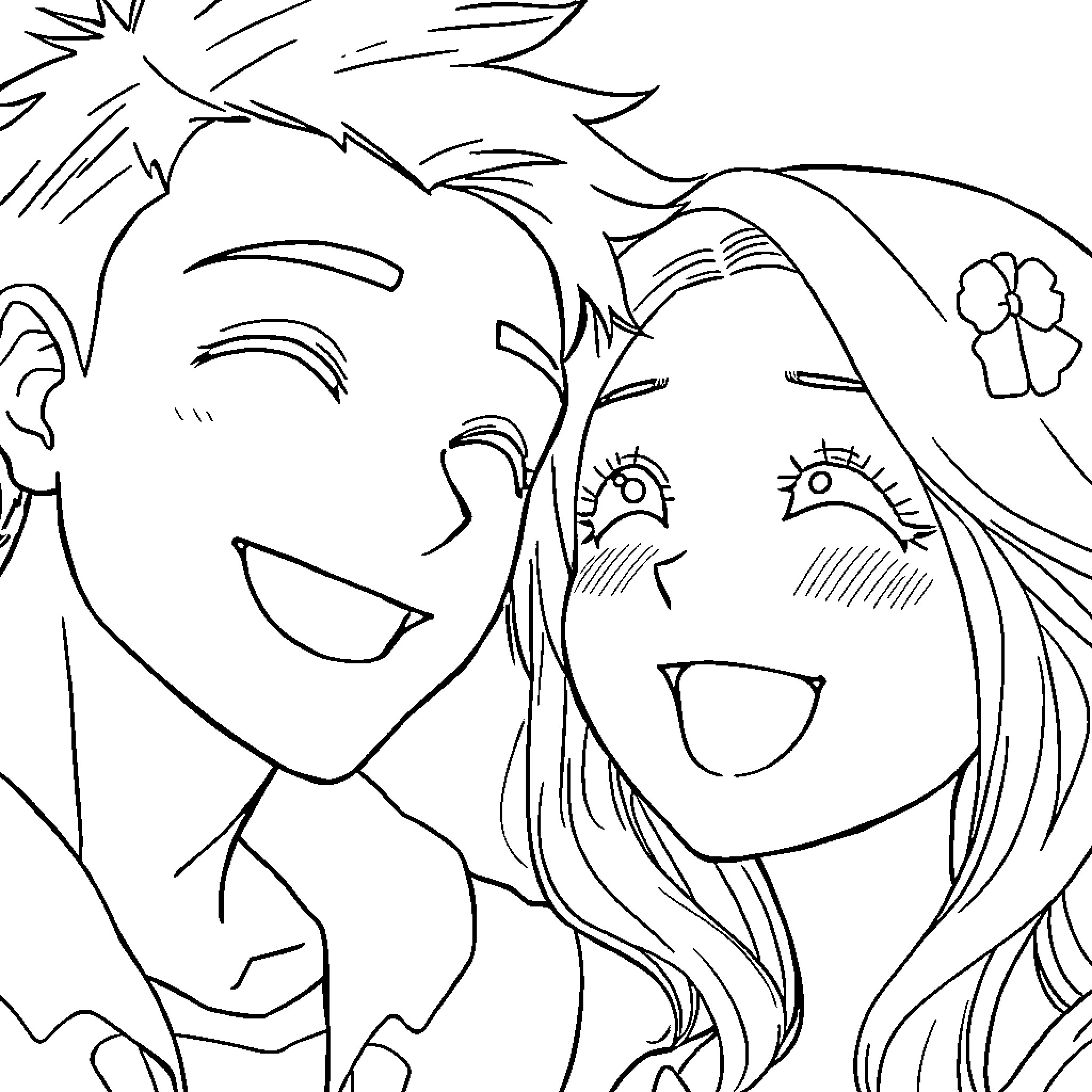 Anime Couple Sharing a Moment of Happiness Coloring Page (free black-and-white line drawing printable PDF for all, from beginners to advanced learners, including children, teens, adults, and seniors)