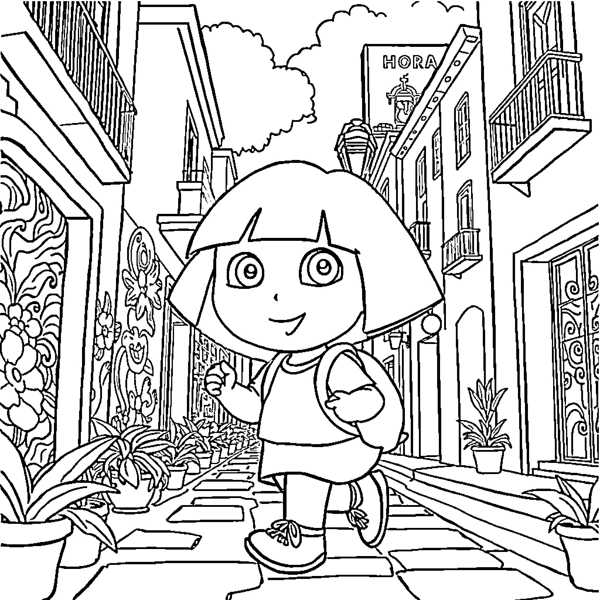 Dora explores the colorful city streets Coloring Page (free black-and-white line drawing printable PDF for all, from beginners to advanced learners, including children, teens, adults, and seniors)