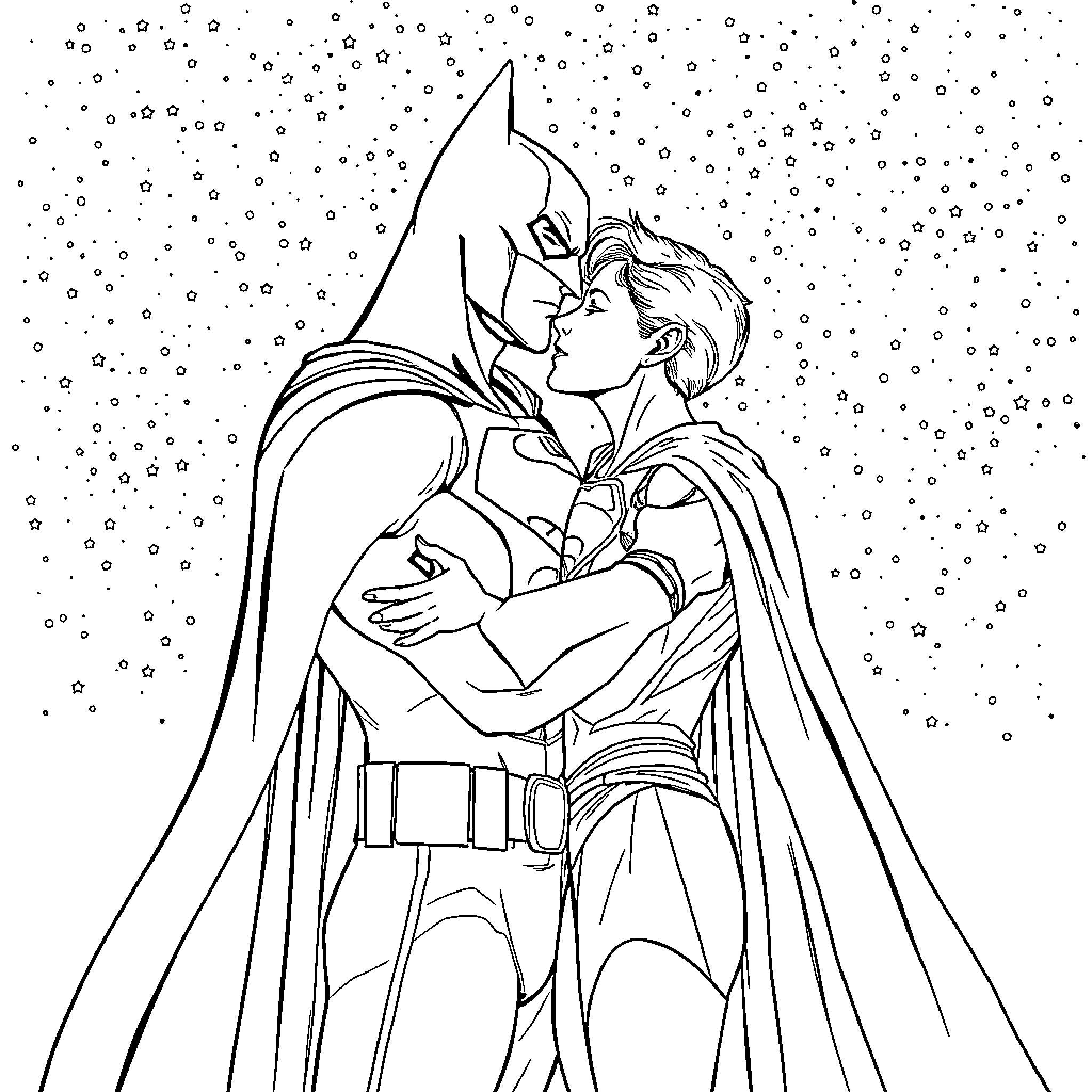 Batman and Superman in an intimate embrace Coloring Page (free black-and-white line drawing printable PDF for all, from beginners to advanced learners, including children, teens, adults, and seniors)
