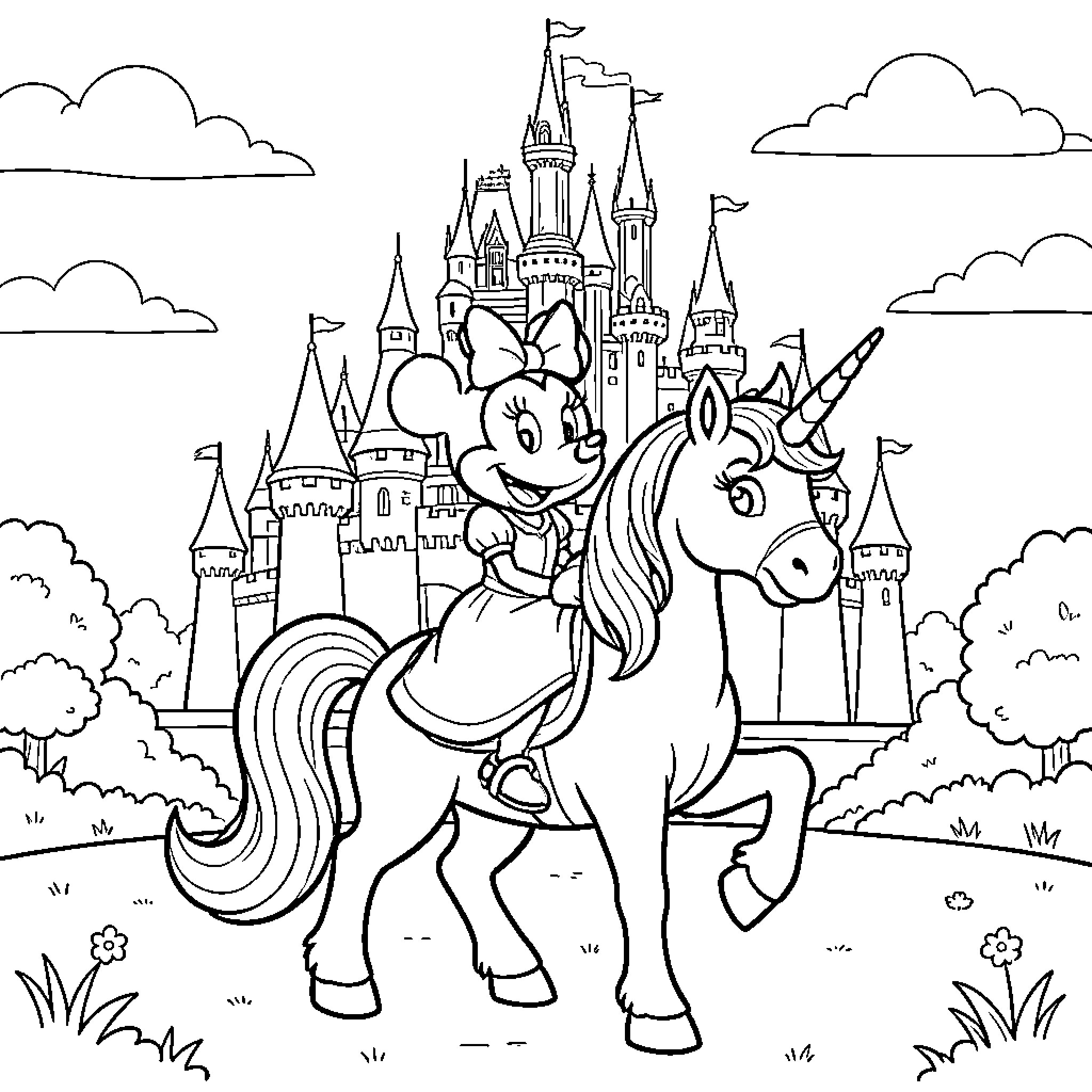 Princess Minnie Mouse riding a unicorn in front of a castle Coloring Page (free black-and-white line drawing printable PDF for all, from beginners to advanced learners, including children, teens, adults, and seniors)