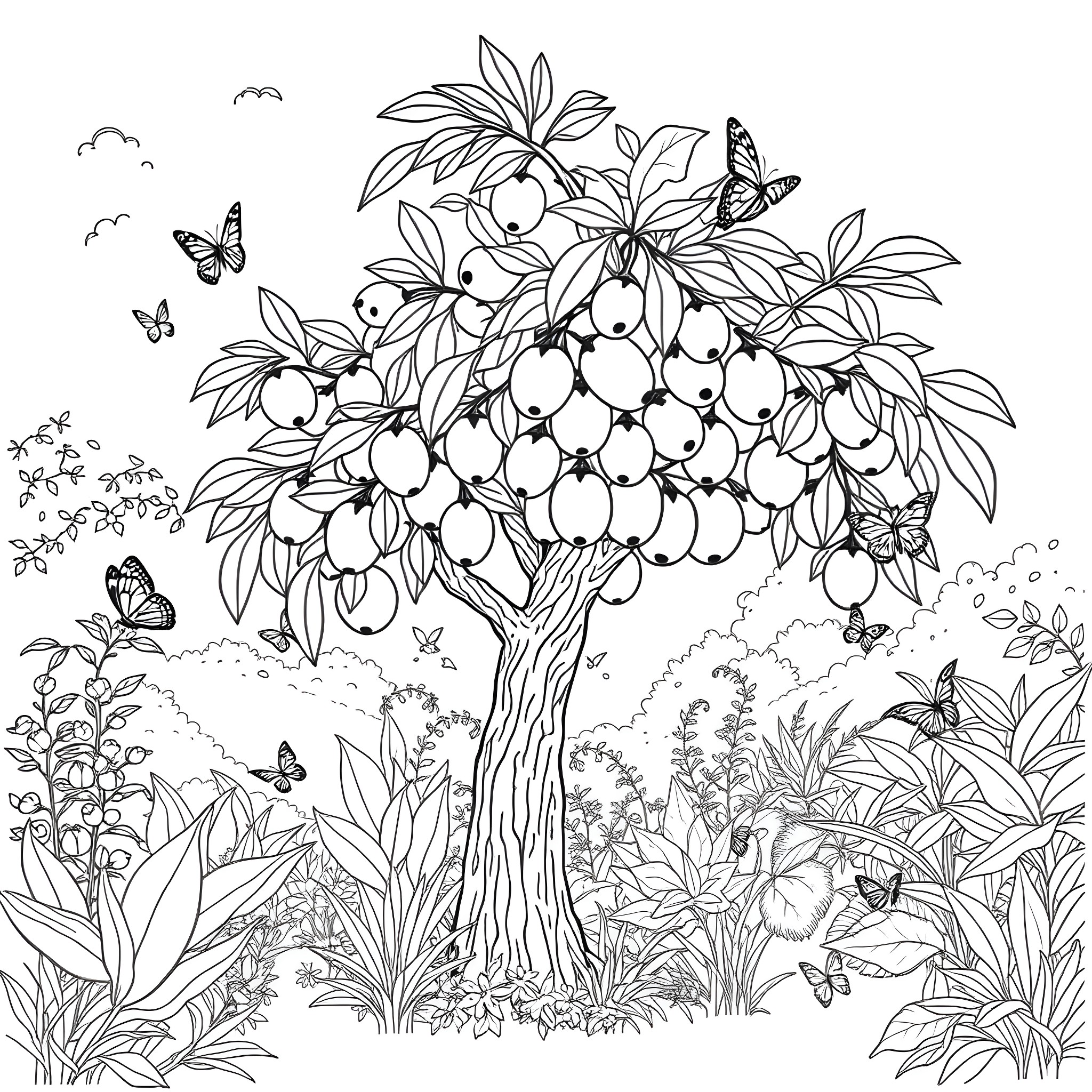 Abiu Fruit Orchard with Butterflies and Foliage Coloring Page (free black-and-white line drawing printable PDF for all, from beginners to advanced learners, including children, teens, adults, and seniors)