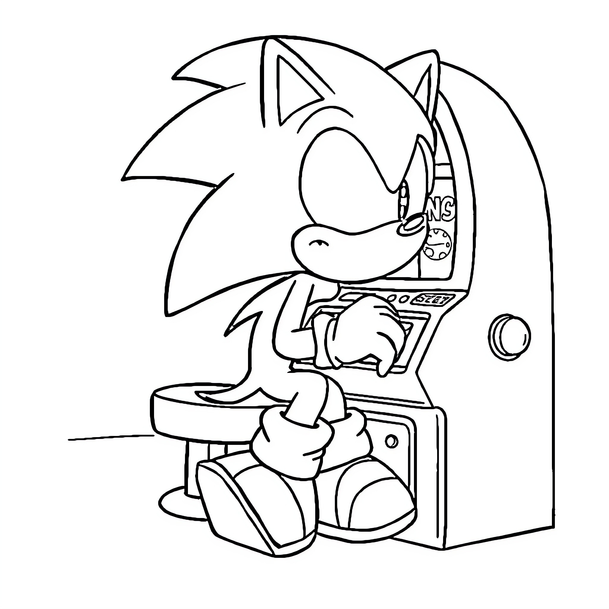 Sonic playing video games in room Coloring Page (free black-and-white line drawing printable PDF for all, from beginners to advanced learners, including children, teens, adults, and seniors)