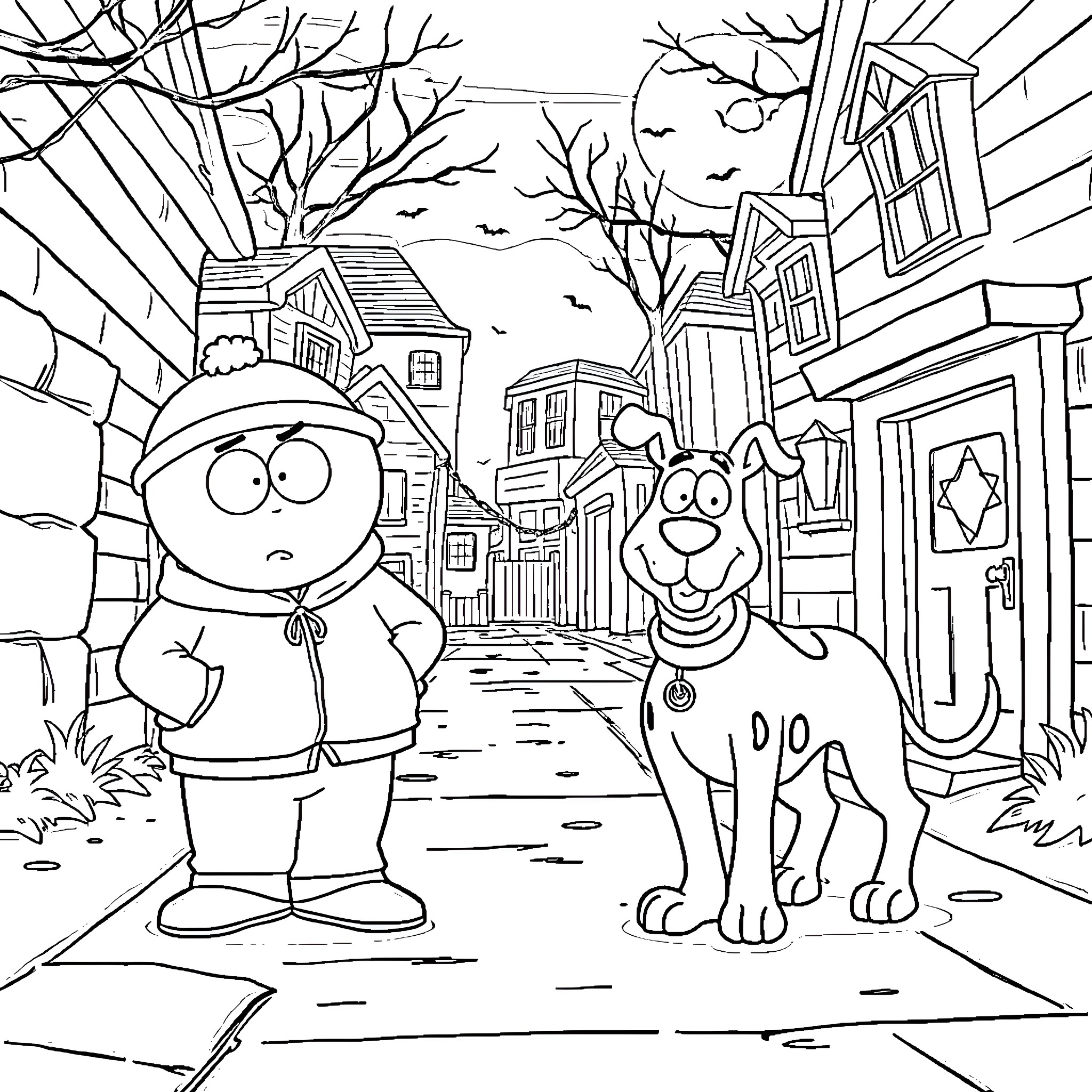 Cartman and his canine companion on a wintry town street Coloring Page (free black-and-white line drawing printable PDF for all, from beginners to advanced learners, including children, teens, adults, and seniors)