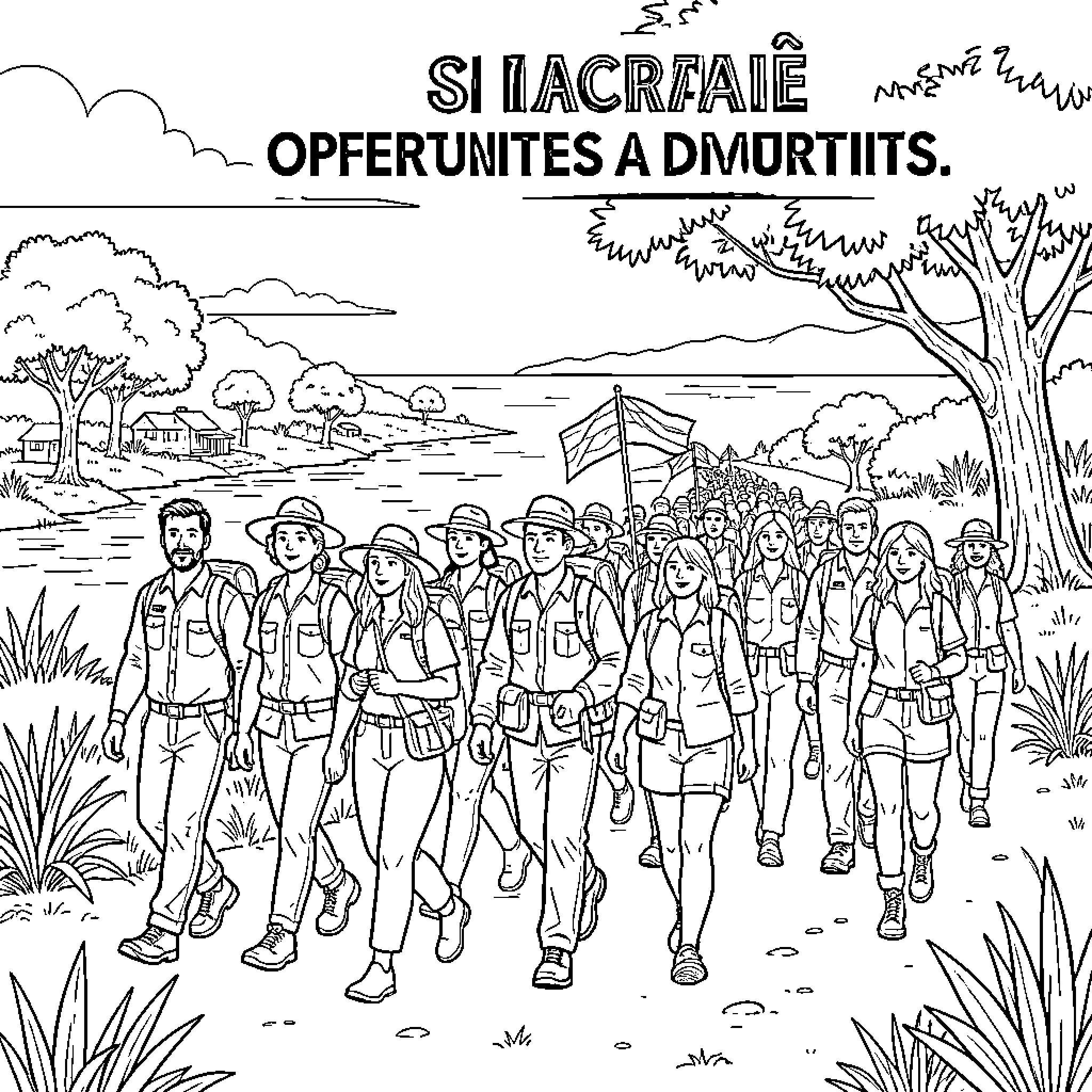 Migration of people in adventurous outdoor scene Coloring Page (free black-and-white line drawing printable PDF for all, from beginners to advanced learners, including children, teens, adults, and seniors)