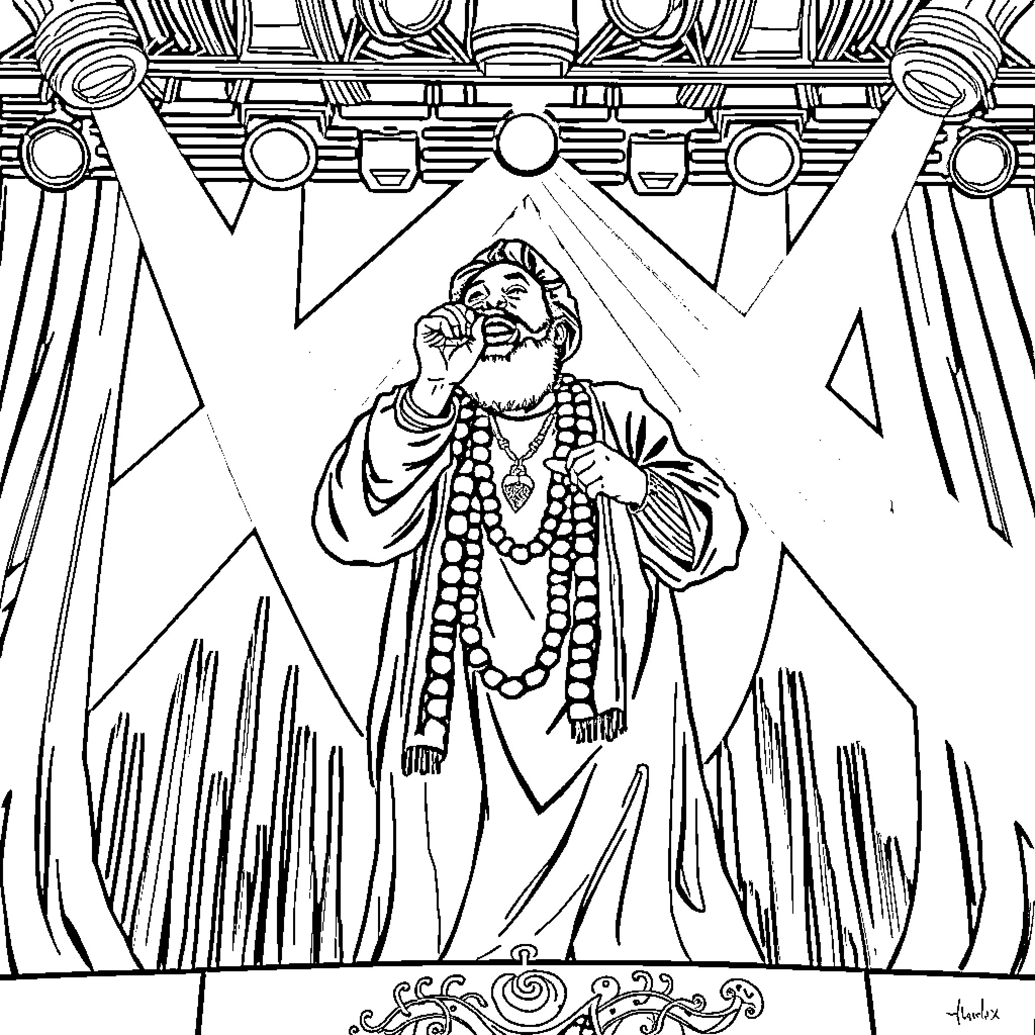 Rumi in contemplative pose amidst abstract geometric shapes Coloring Page (free black-and-white line drawing printable PDF for all, from beginners to advanced learners, including children, teens, adults, and seniors)