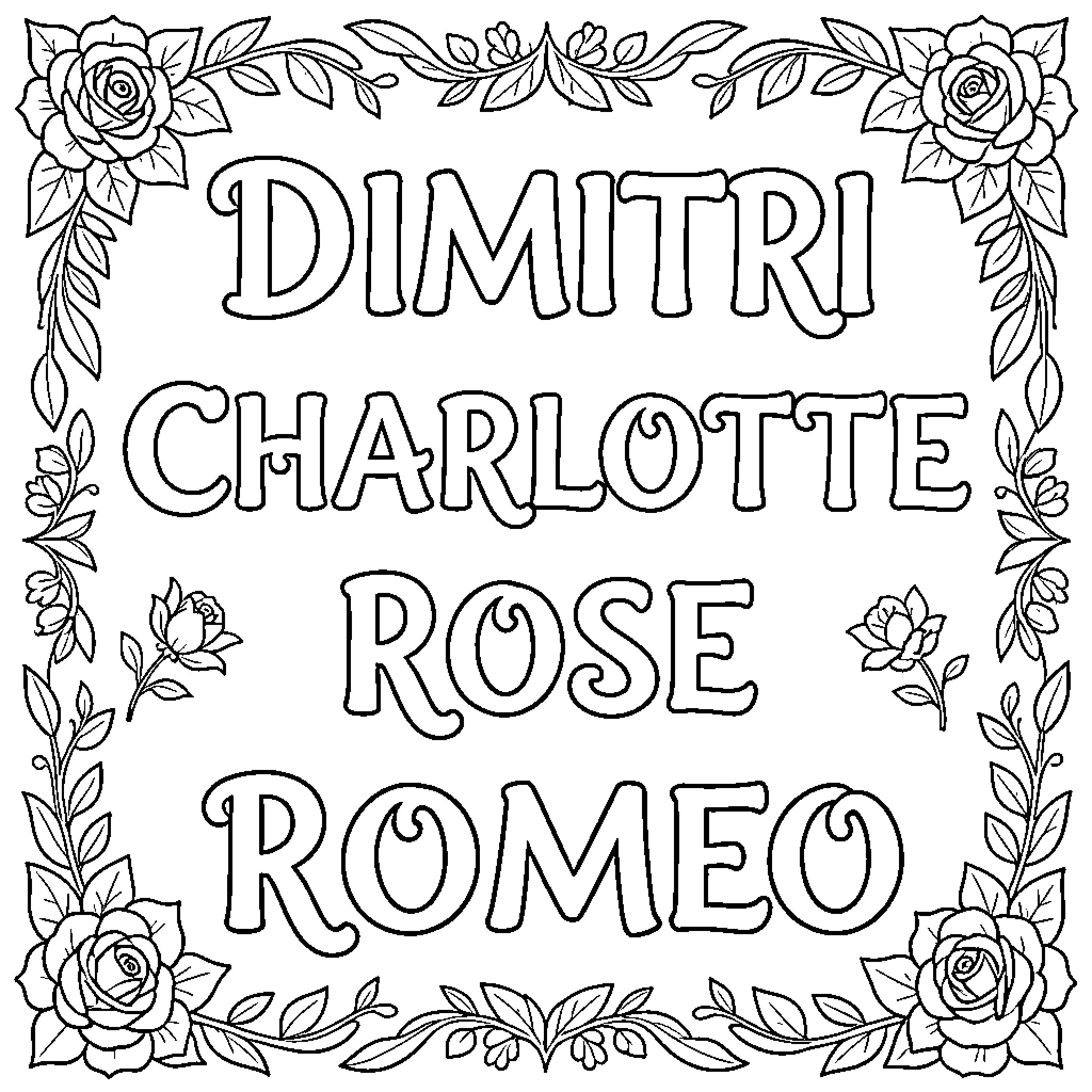 Name of a person surrounded by floral decorations Coloring Page (free black-and-white line drawing printable PDF for all, from beginners to advanced learners, including children, teens, adults, and seniors)