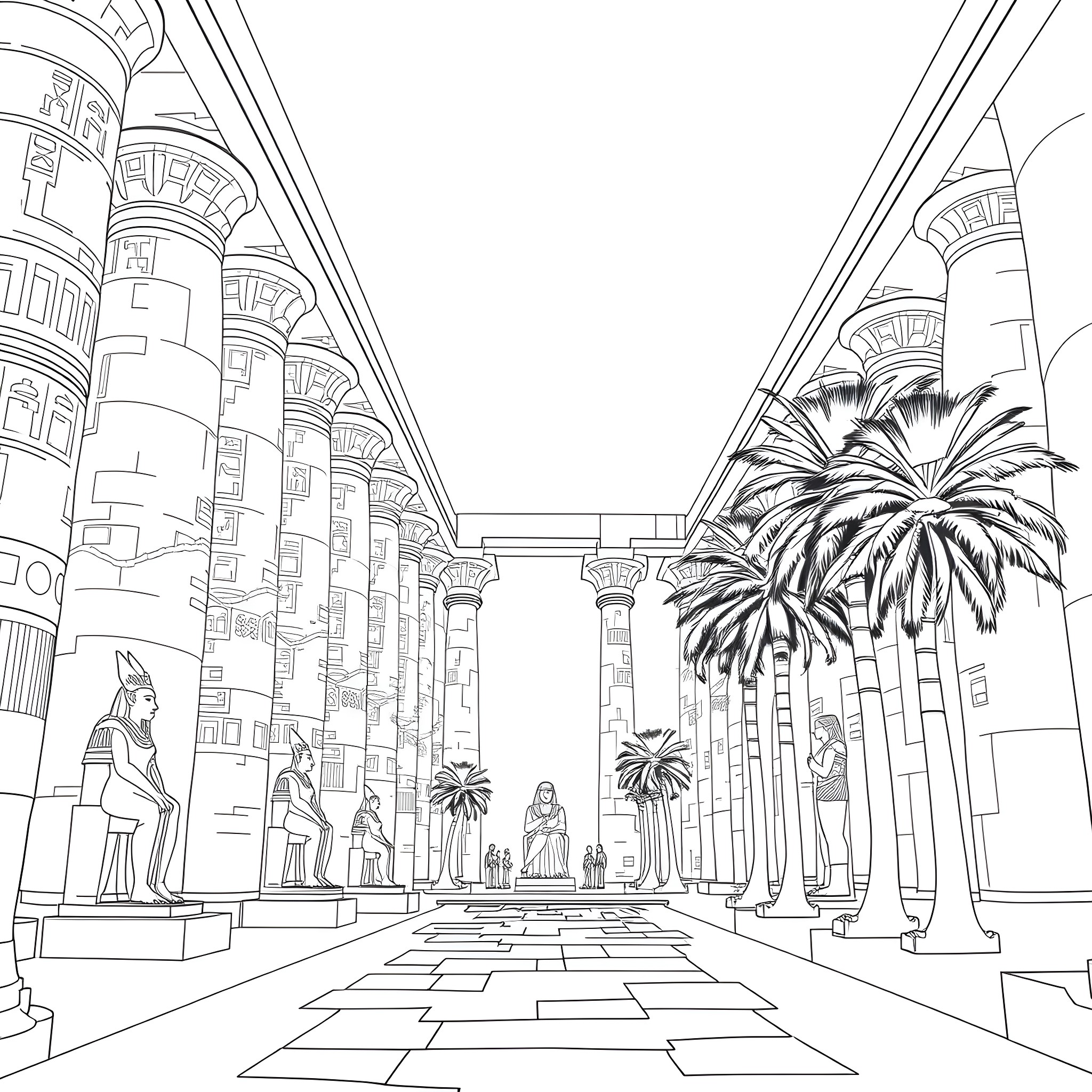 Life in the Ancient Egyptian Temple Coloring Page (free black-and-white line drawing printable PDF for all, from beginners to advanced learners, including children, teens, adults, and seniors)