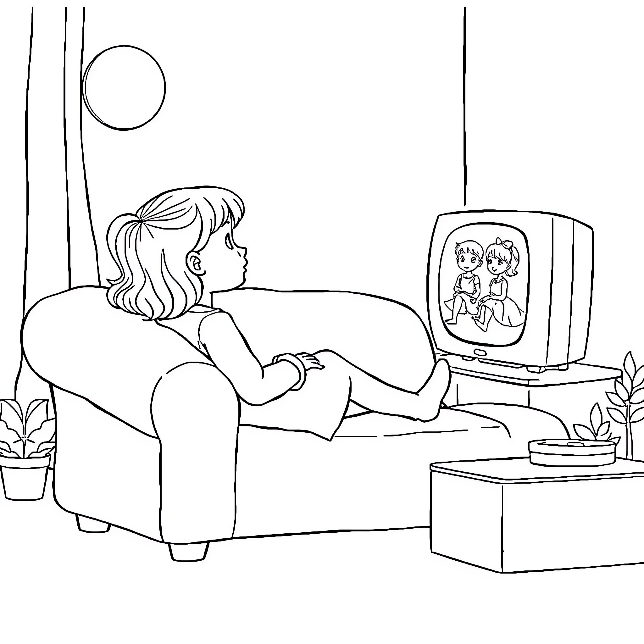 Fille relaxing and watching television at home Coloring Page (free black-and-white line drawing printable PDF for all, from beginners to advanced learners, including children, teens, adults, and seniors)