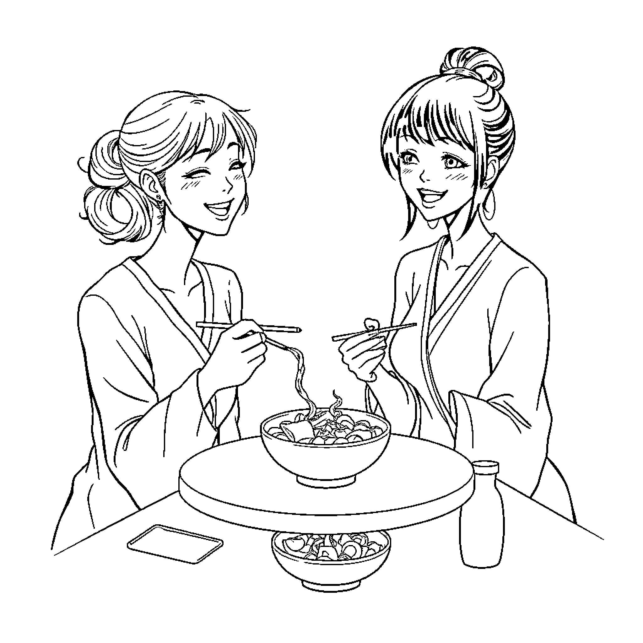 Women enjoying a traditional Japanese meal together Coloring Page (free black-and-white line drawing printable PDF for all, from beginners to advanced learners, including children, teens, adults, and seniors)