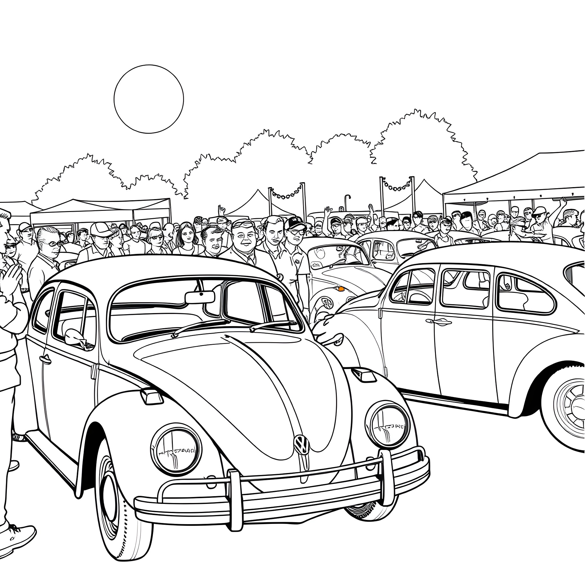 Volkswagen Beetles in a Crowded Outdoor Market Coloring Page (free black-and-white line drawing printable PDF for all, from beginners to advanced learners, including children, teens, adults, and seniors)