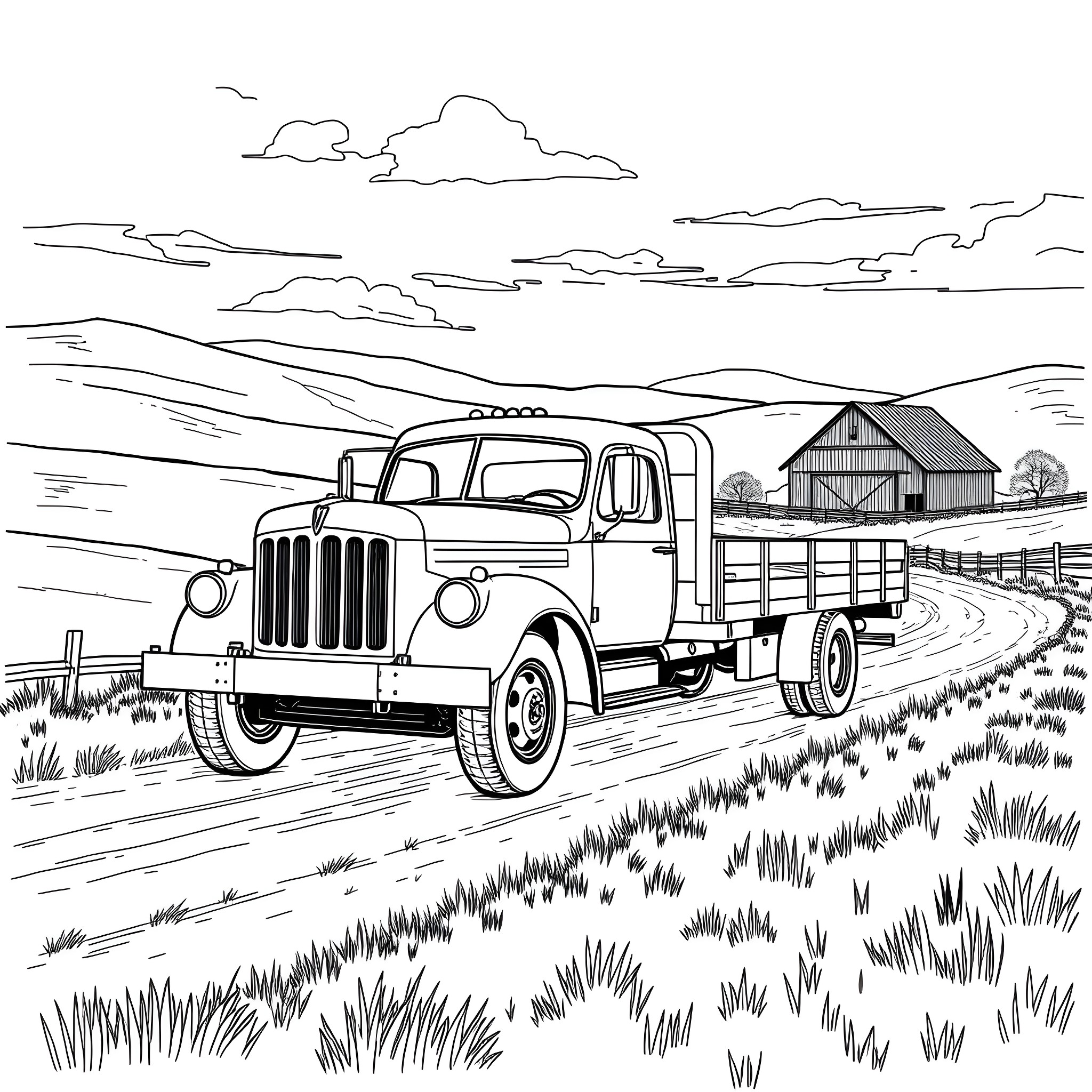 Flatbed truck transporting cargo on a rural road Coloring Page (free black-and-white line drawing printable PDF for all, from beginners to advanced learners, including children, teens, adults, and seniors)