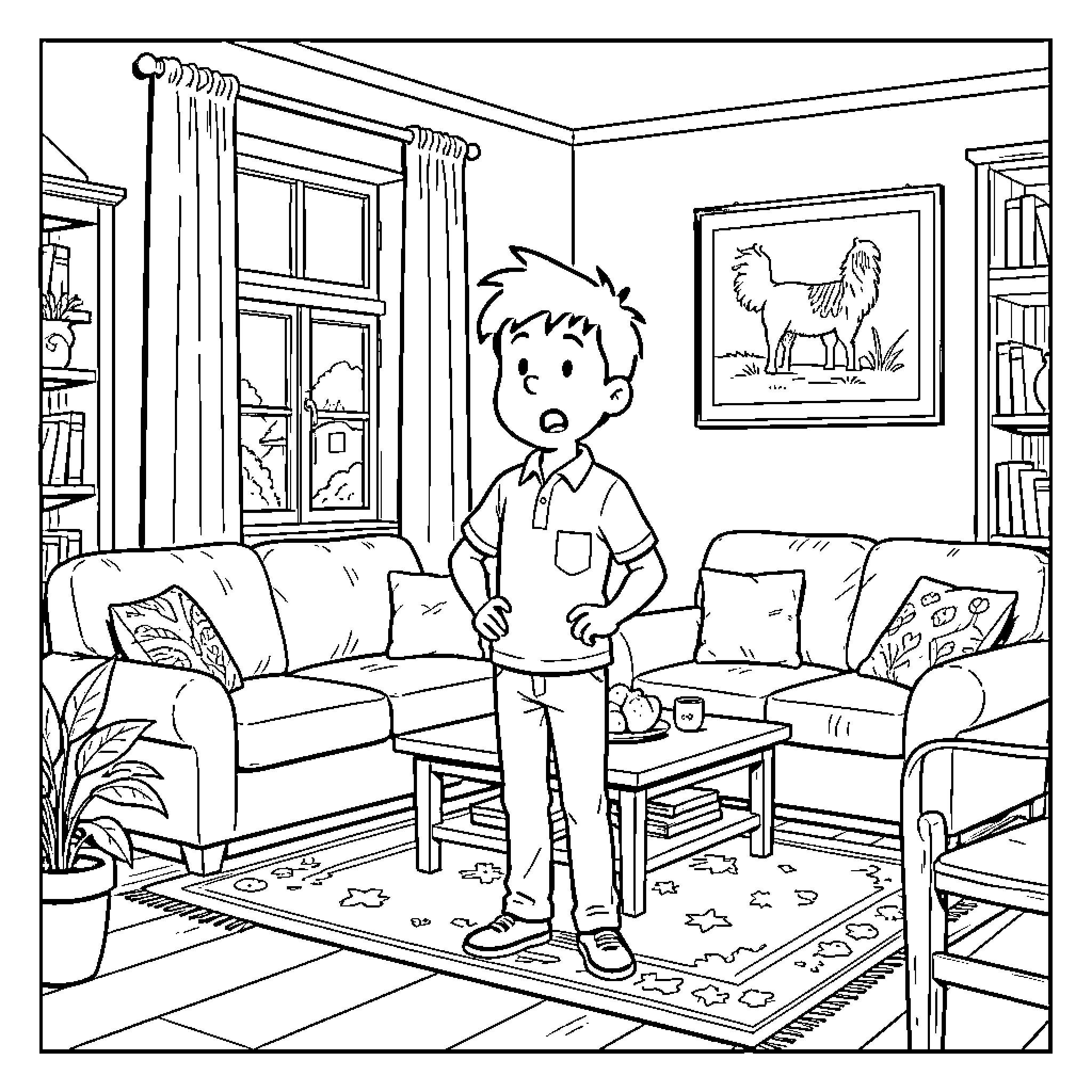 Tintin standing with a surprised expression in a living room Coloring Page (free black-and-white line drawing printable PDF for all, from beginners to advanced learners, including children, teens, adults, and seniors)