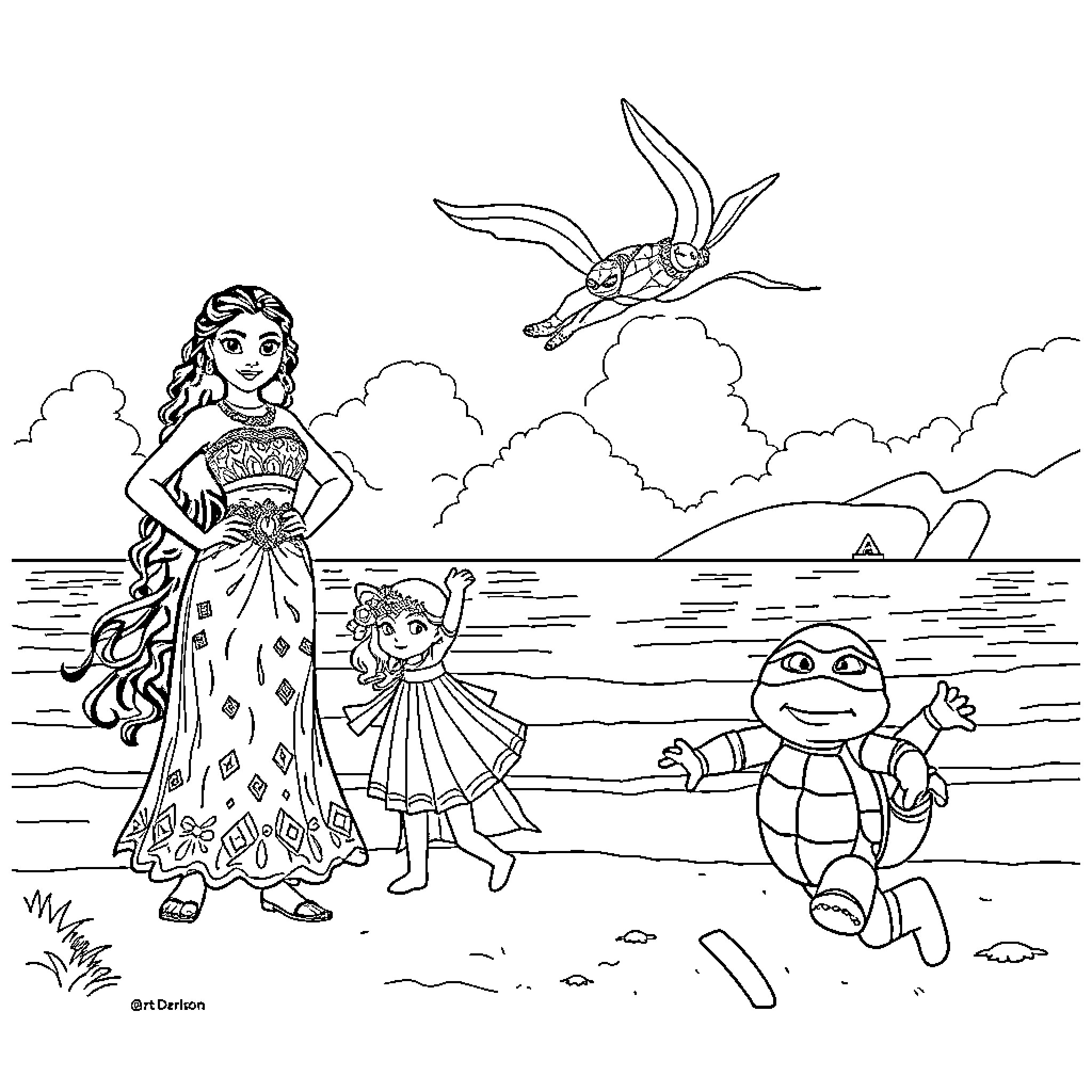 Character Enjoying a Beachfront Moment with Companions Coloring Page (free black-and-white line drawing printable PDF for all, from beginners to advanced learners, including children, teens, adults, and seniors)