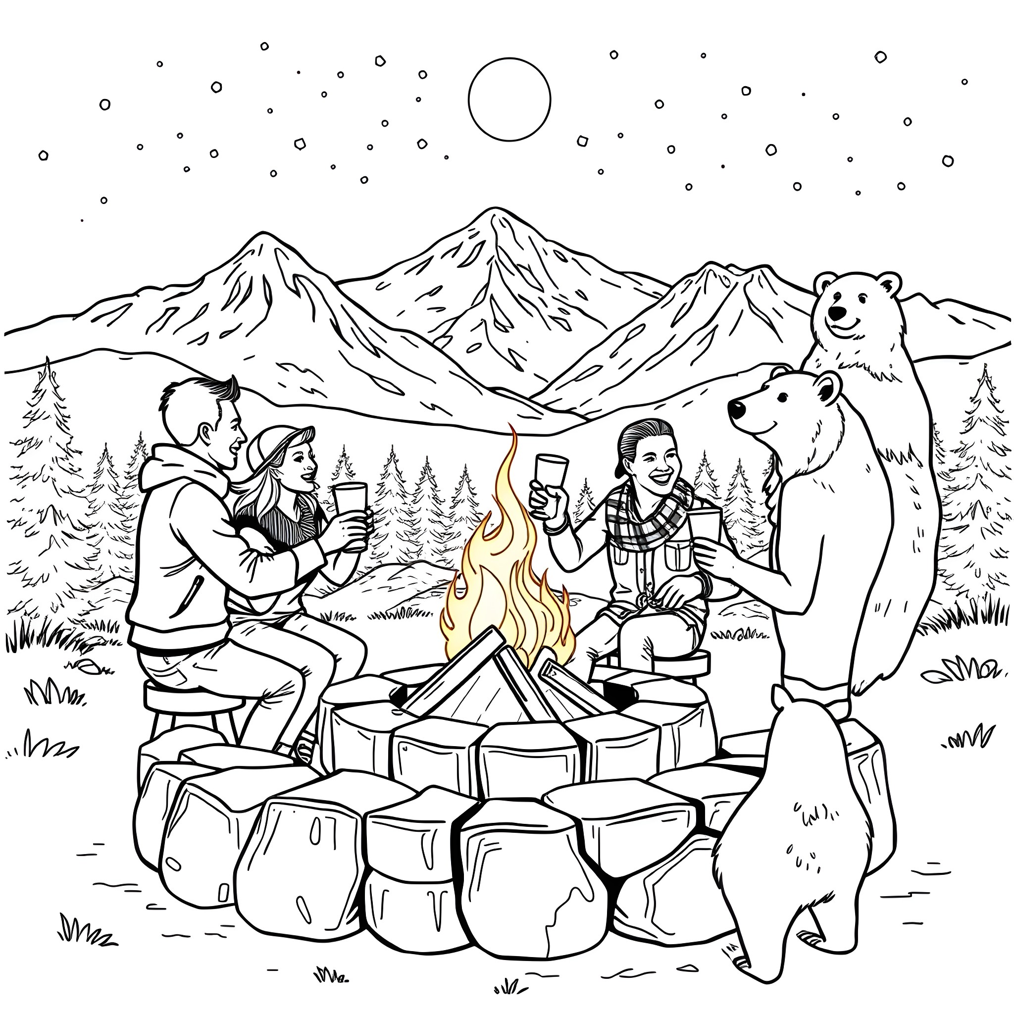 Bear friends camping and roasting marshmallows in the mountains Coloring Page (free black-and-white line drawing printable PDF for all, from beginners to advanced learners, including children, teens, adults, and seniors)