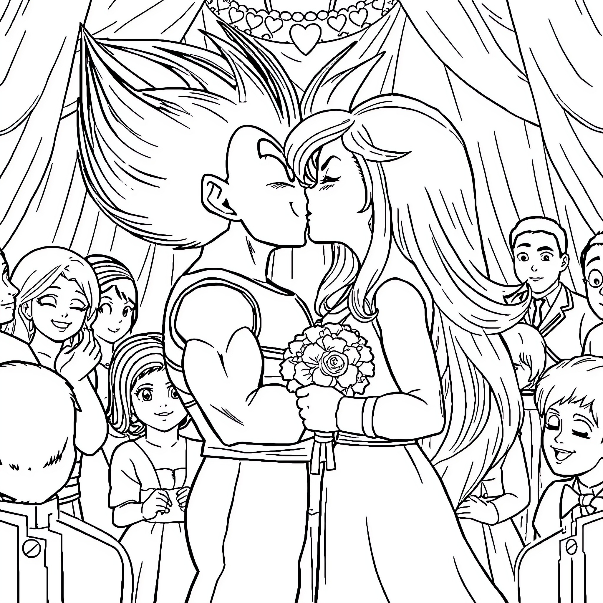 Vegeta and bride exchanging a tender kiss at wedding Coloring Page (free black-and-white line drawing printable PDF for all, from beginners to advanced learners, including children, teens, adults, and seniors)