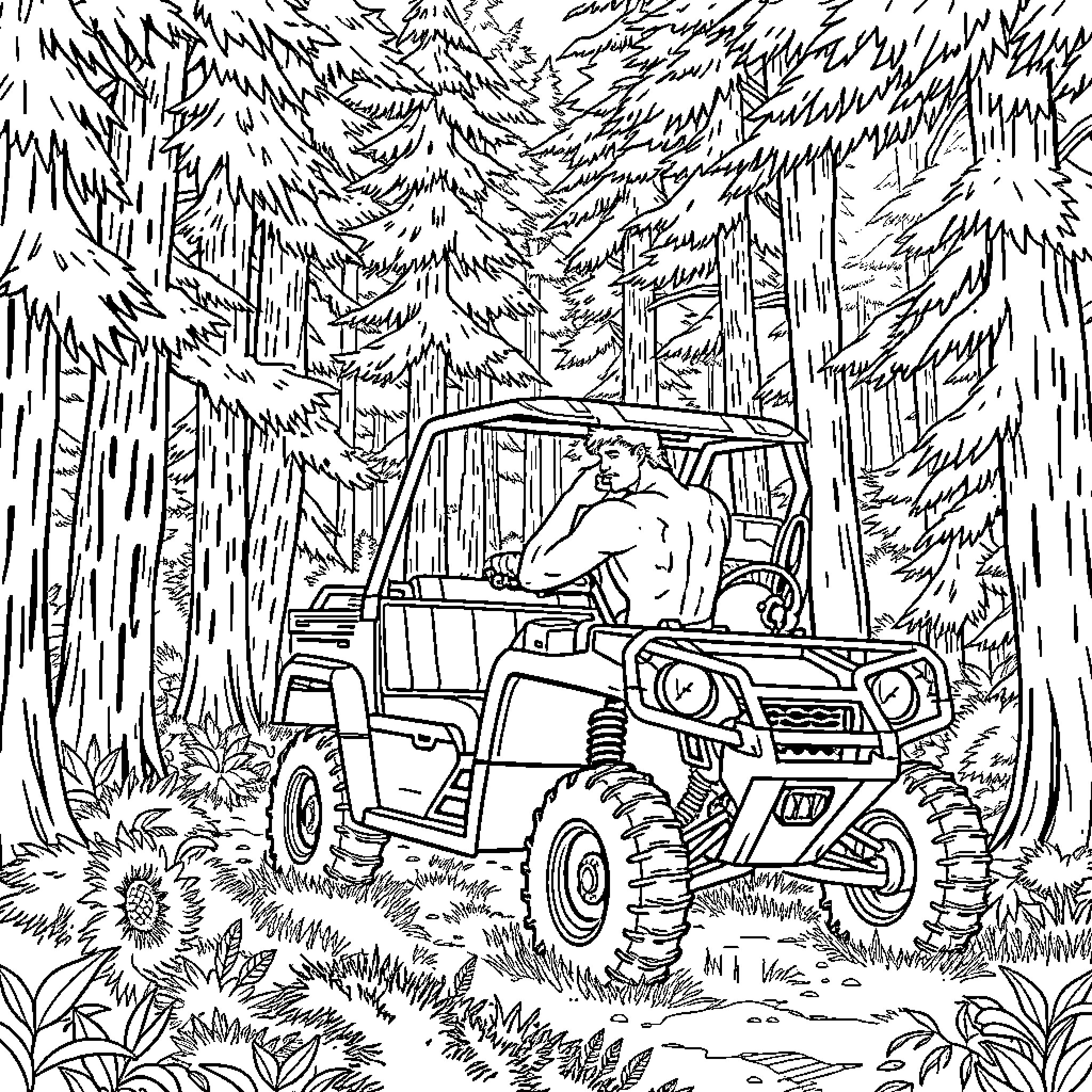Hercules Drives Through Rugged Wilderness Terrain Coloring Page (free black-and-white line drawing printable PDF for all, from beginners to advanced learners, including children, teens, adults, and seniors)