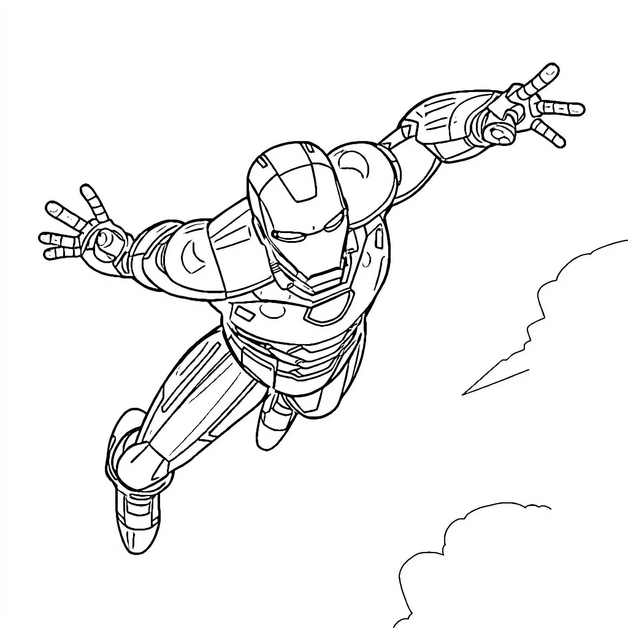 Iron Man soaring through the sky Coloring Page (free black-and-white line drawing printable PDF for all, from beginners to advanced learners, including children, teens, adults, and seniors)