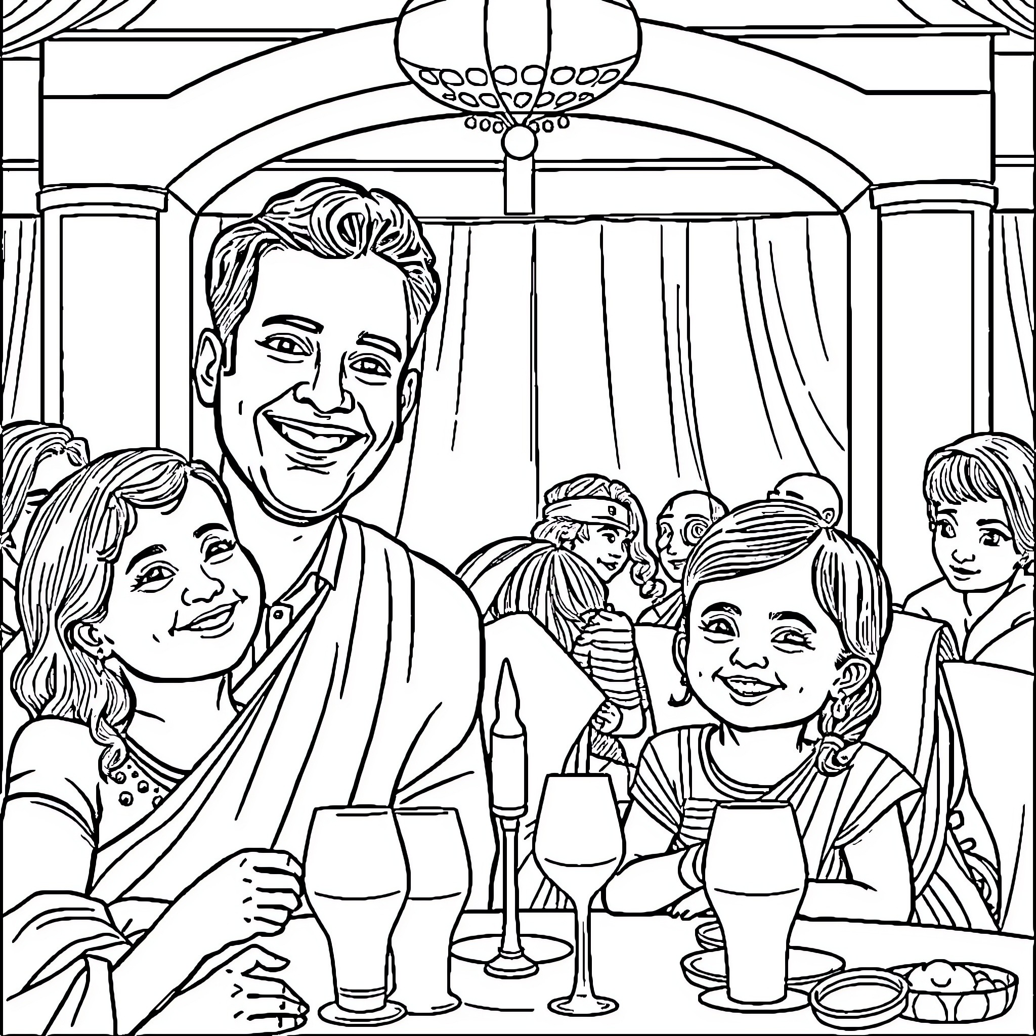 Nagesh enjoying dinner with his family at the restaurant Coloring Page (free black-and-white line drawing printable PDF for all, from beginners to advanced learners, including children, teens, adults, and seniors)