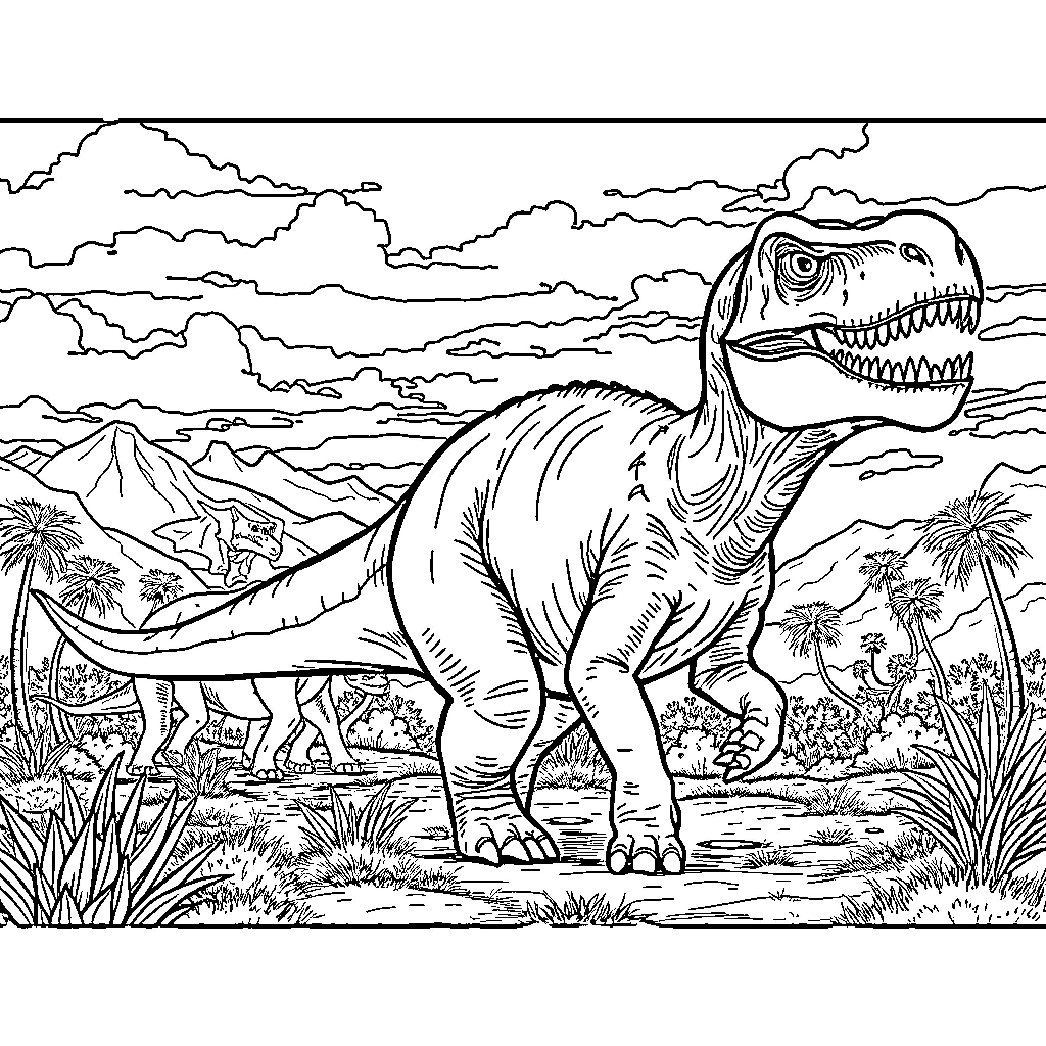 Dinosaur roaring fiercely in prehistoric landscape Coloring Page (free black-and-white line drawing printable PDF for all, from beginners to advanced learners, including children, teens, adults, and seniors)