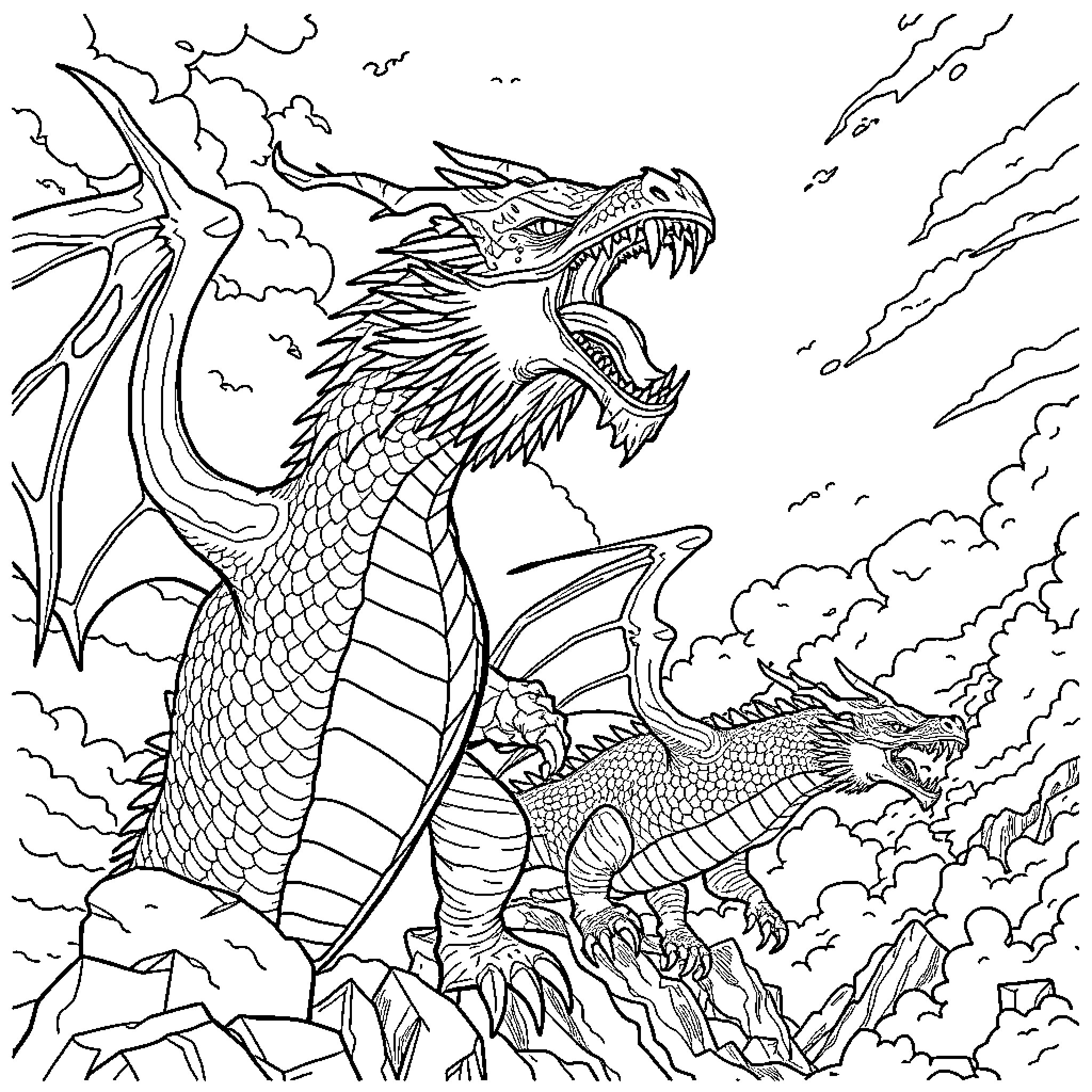 Dragon breathing fire on a rocky mountain Coloring Page (free black-and-white line drawing printable PDF for all, from beginners to advanced learners, including children, teens, adults, and seniors)