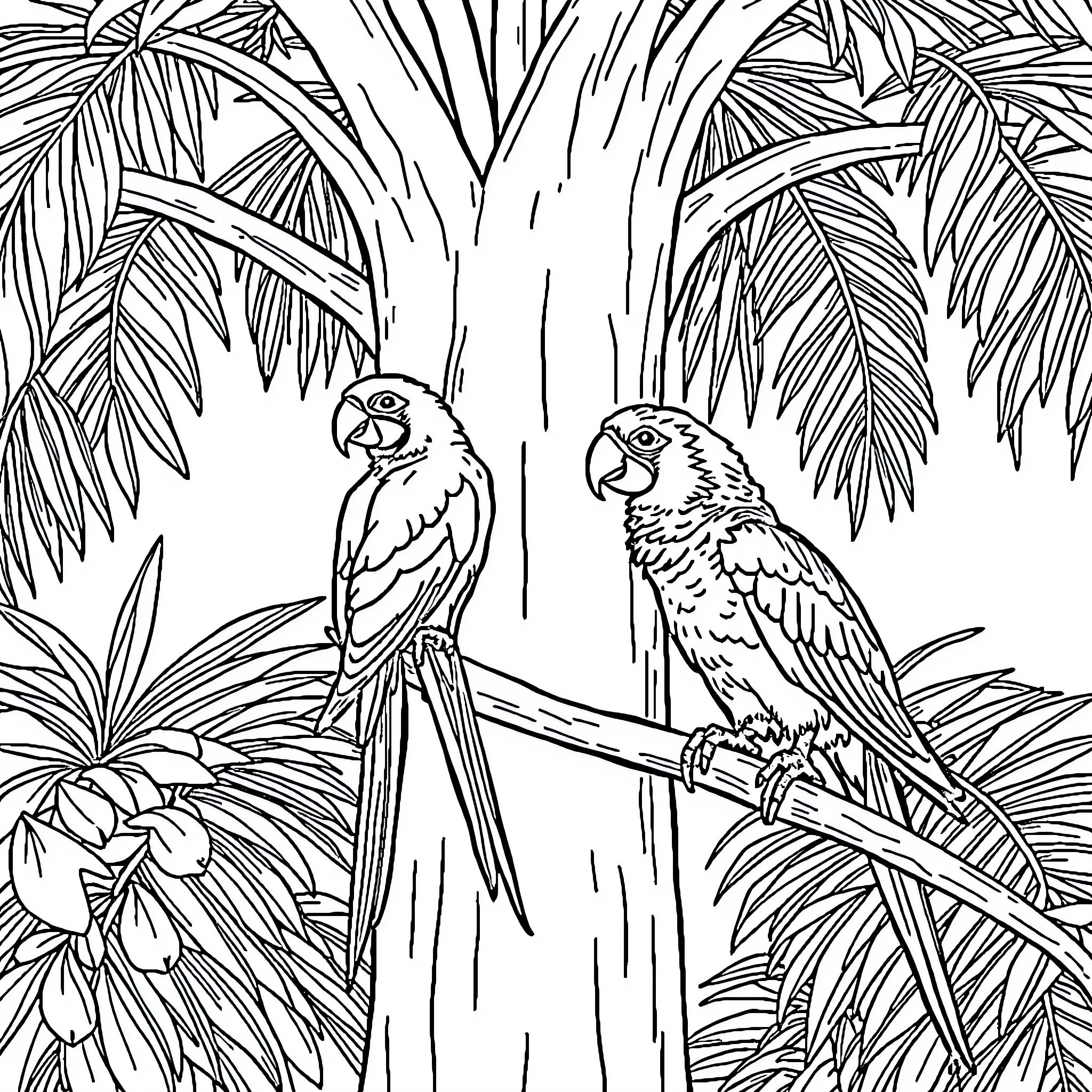 Parrot duo perched in tropical foliage Coloring Page (free black-and-white line drawing printable PDF for all, from beginners to advanced learners, including children, teens, adults, and seniors)