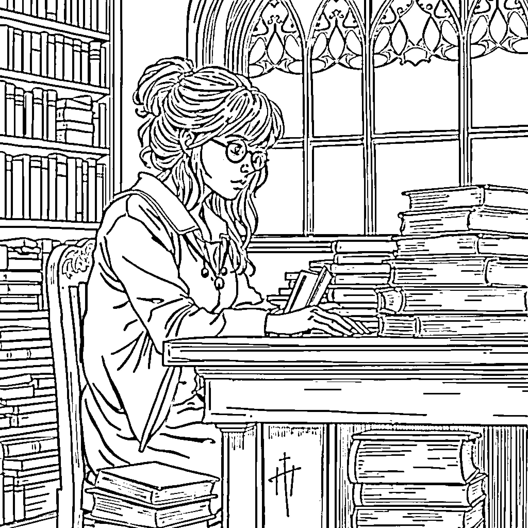 Hermione Granger studying diligently in the library Coloring Page (free black-and-white line drawing printable PDF for all, from beginners to advanced learners, including children, teens, adults, and seniors)
