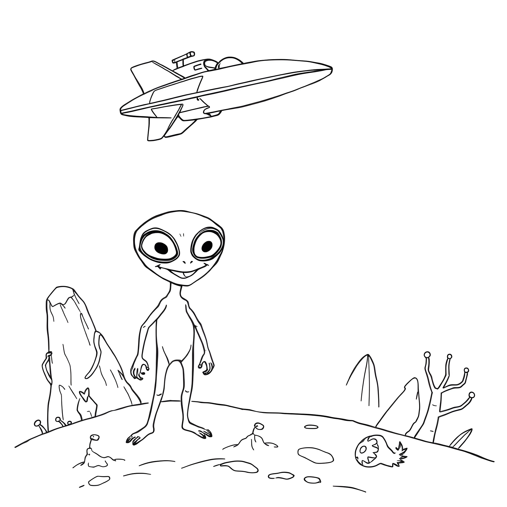 Alien exploring an extraterrestrial landscape Coloring Page (free black-and-white line drawing printable PDF for all, from beginners to advanced learners, including children, teens, adults, and seniors)